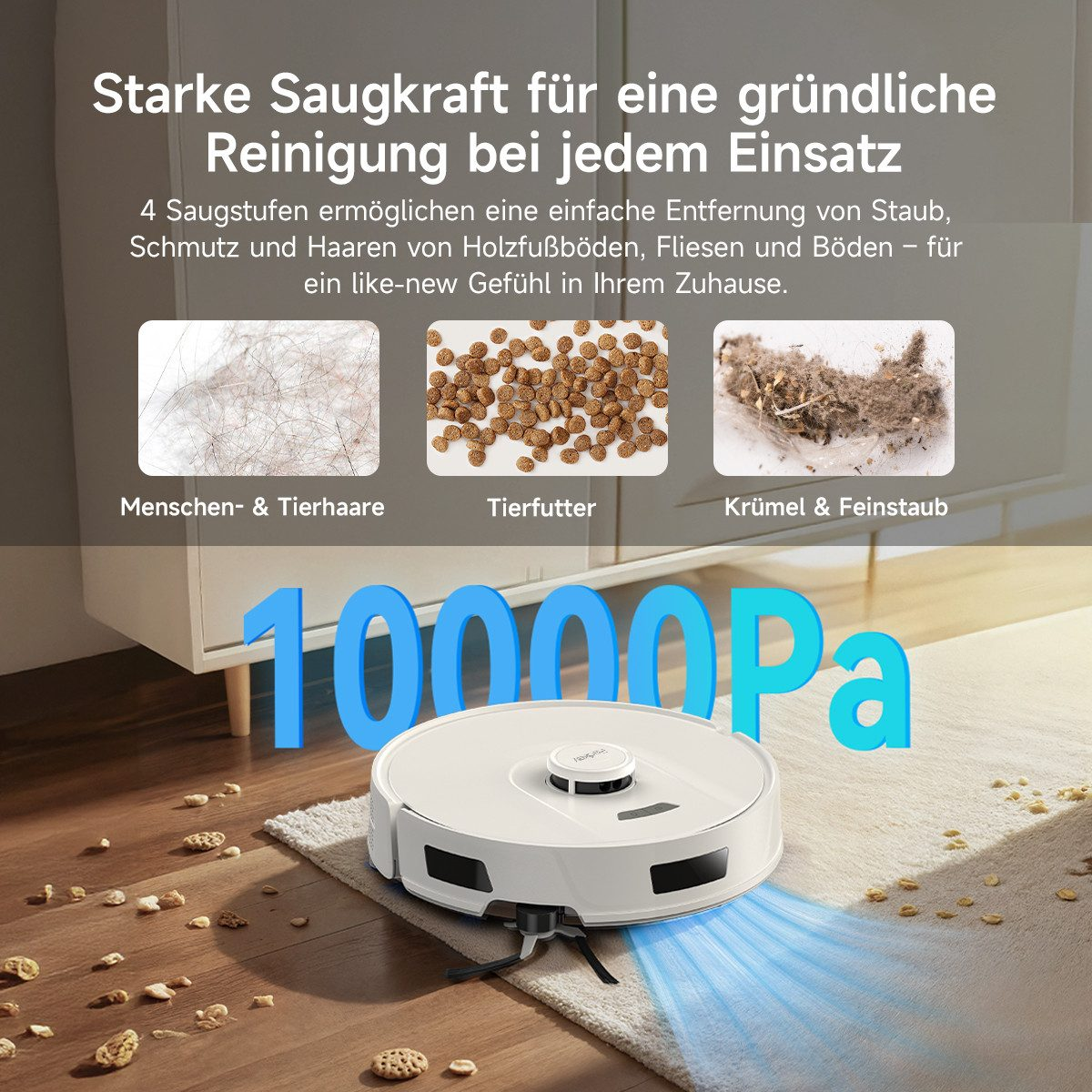 Un aspirapolvere robotico bianco su un tappeto. Il testo sopra mostra esempi di sporco: capelli, cibo per animali domestici, briciole.