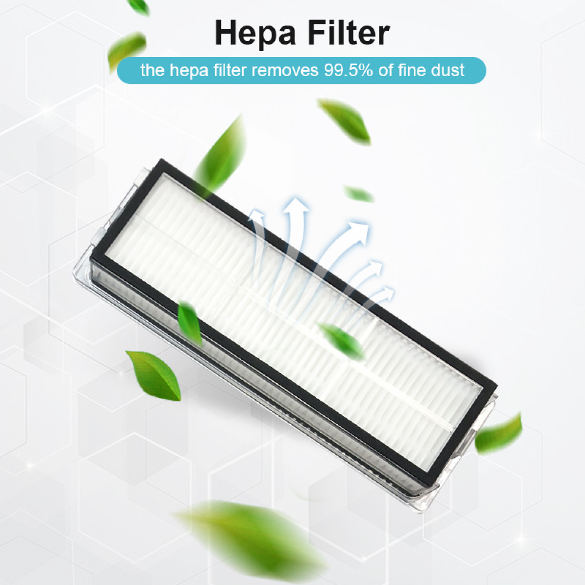 Filtr HEPA z tekstem, strzałkami i zielonymi liśćmi. Filtr usuwa 99,5% drobnego pyłu, z białym materiałem filtracyjnym i czarną ramką.