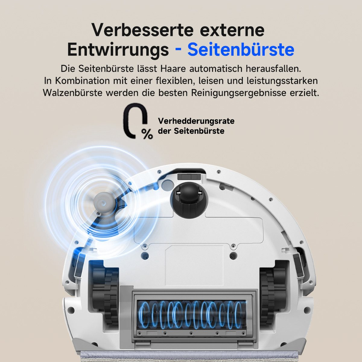 Un aspirapolvere robotico bianco con effetti di luce blu, testo in tedesco e simbolo di percentuale.