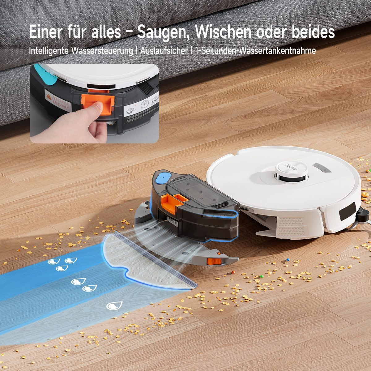 Un aspirapolvere robot e un accessorio per la pulizia su un pavimento in legno. Sono mostrate gocce d'acqua. Una mano è mostrata nell'immagine in sovrimpressione.