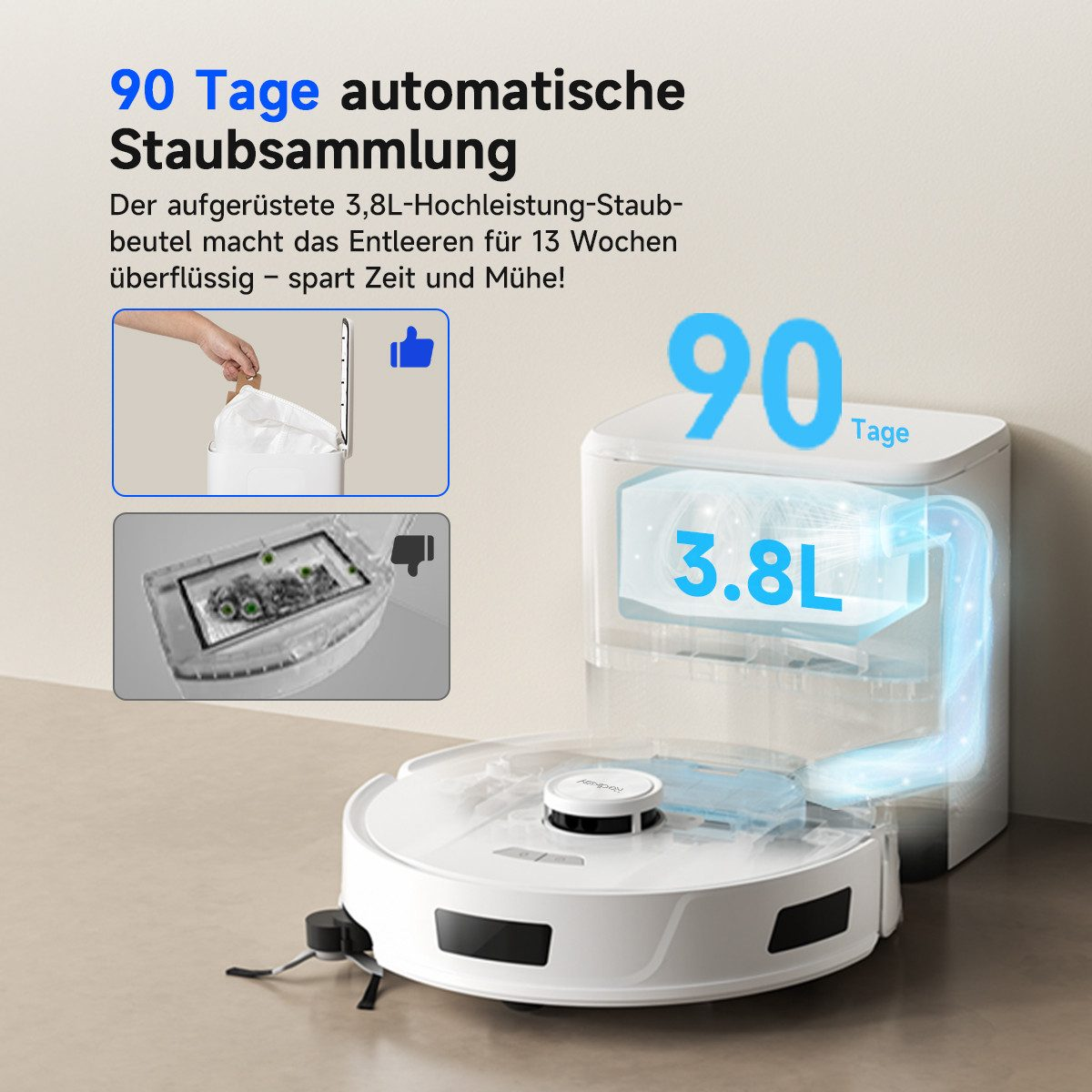Un aspirapolvere robot bianco e una stazione di raccolta polvere bianca. Il testo pubblicizza la raccolta automatica della polvere per 90 giorni.