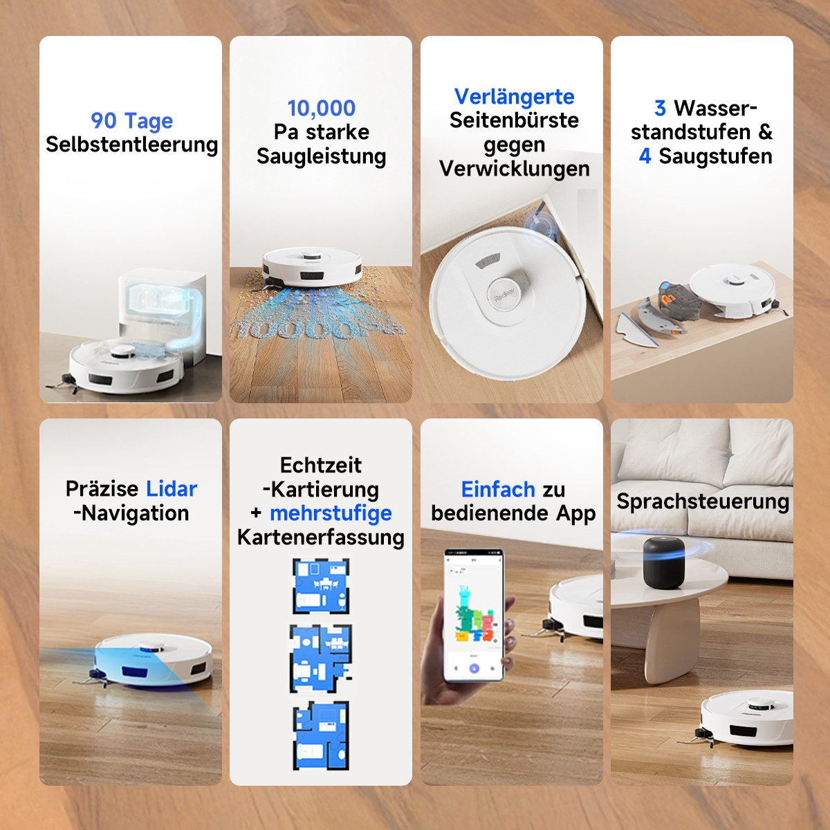 Un'immagine che mostra un robot aspirapolvere con funzioni come autosvuotamento, forte aspirazione e controllo tramite app.