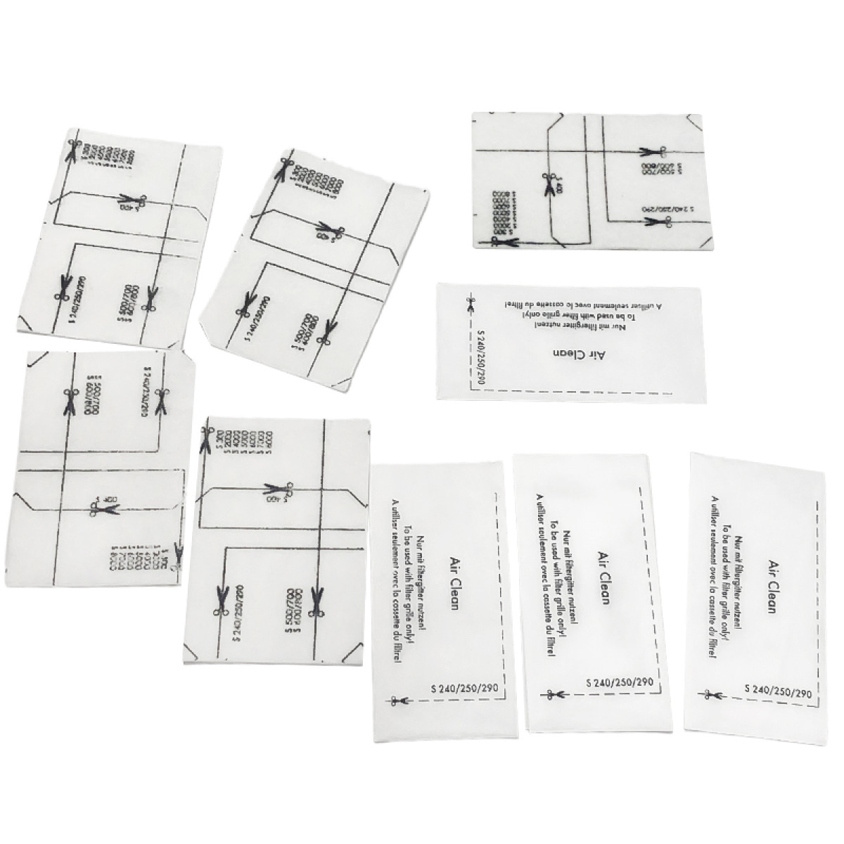 Białe arkusze filtrów powietrza z czarnymi nadrukami i tekstem, wraz z mniejszymi białymi kartami z tekstem.