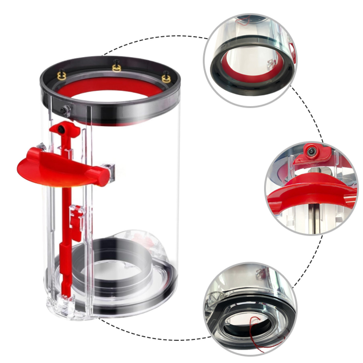 Przezroczysty element odkurzacza z czerwonymi i czarnymi akcentami. Zawiera szczegółowe zbliżenia części.