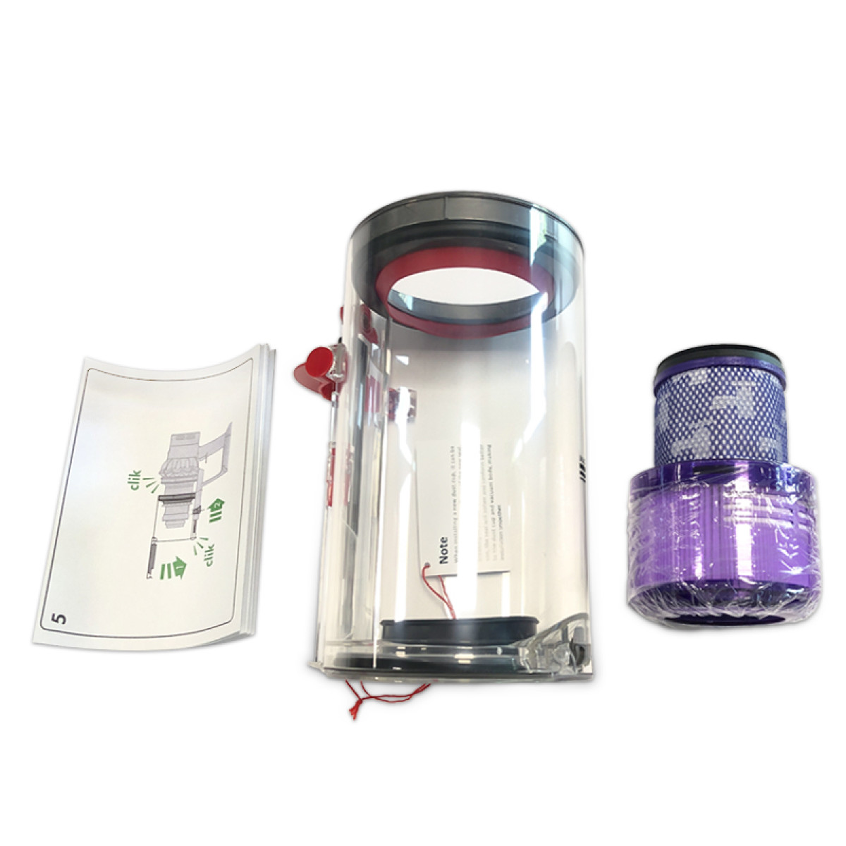 Części odkurzacza: przezroczysty pojemnik na kurz, fioletowy filtr i instrukcja. Pojemnik jest przezroczysty, filtr cylindryczny, instrukcja pokazuje montaż.