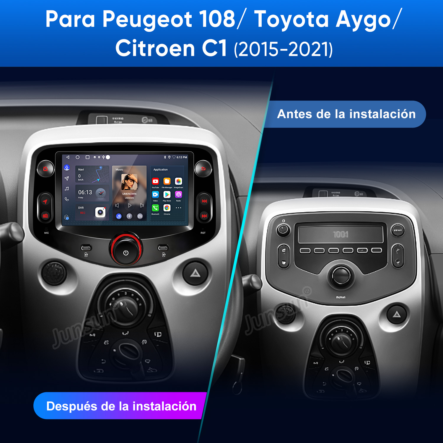 Comparación de salpicaderos de coches: antes y después de la instalación de un nuevo sistema multimedia. Muestra pantalla, botones y otros detalles del coche.