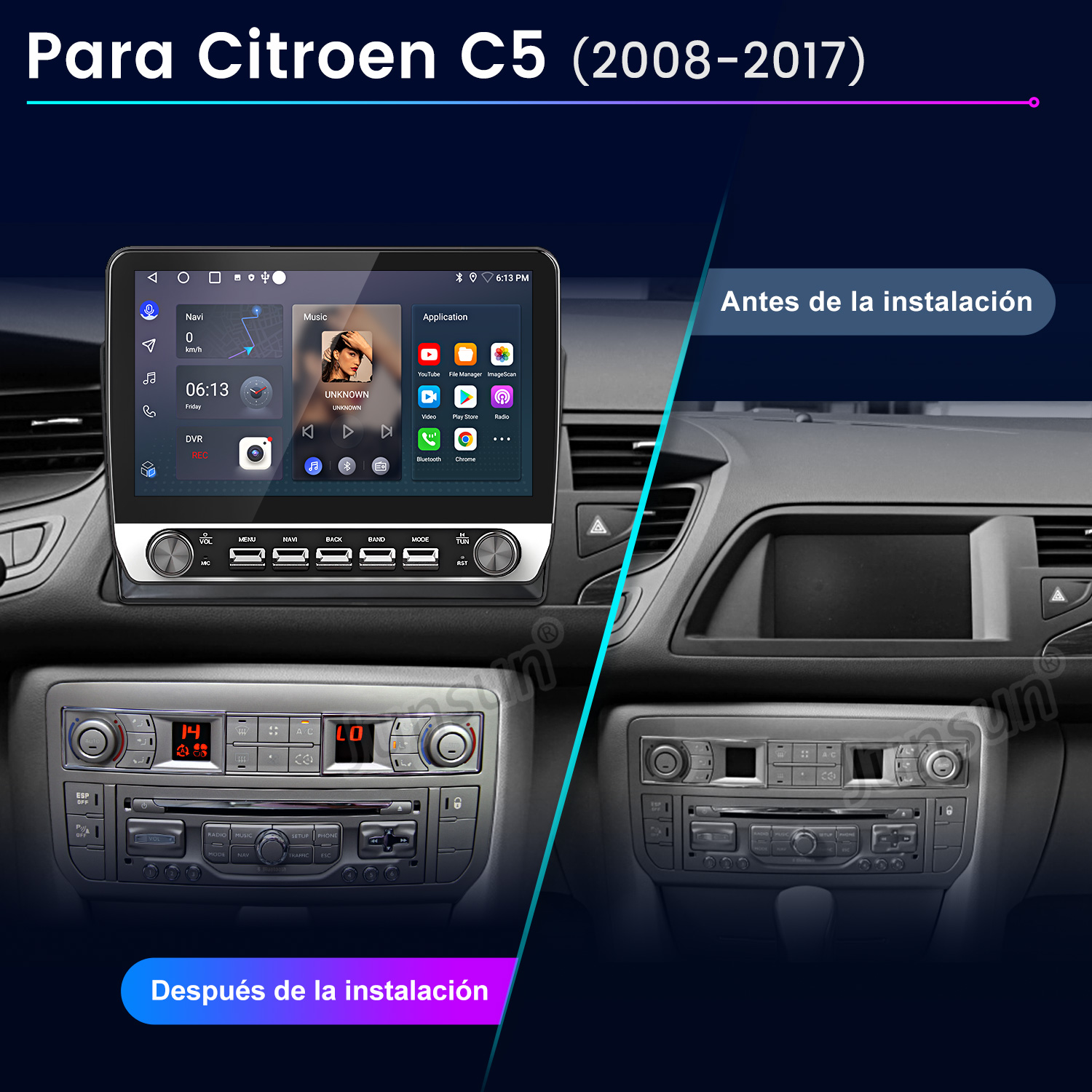 Comparación del tablero del auto: antes y después de la instalación. Pantalla nueva a la izquierda, radio antigua a la derecha.