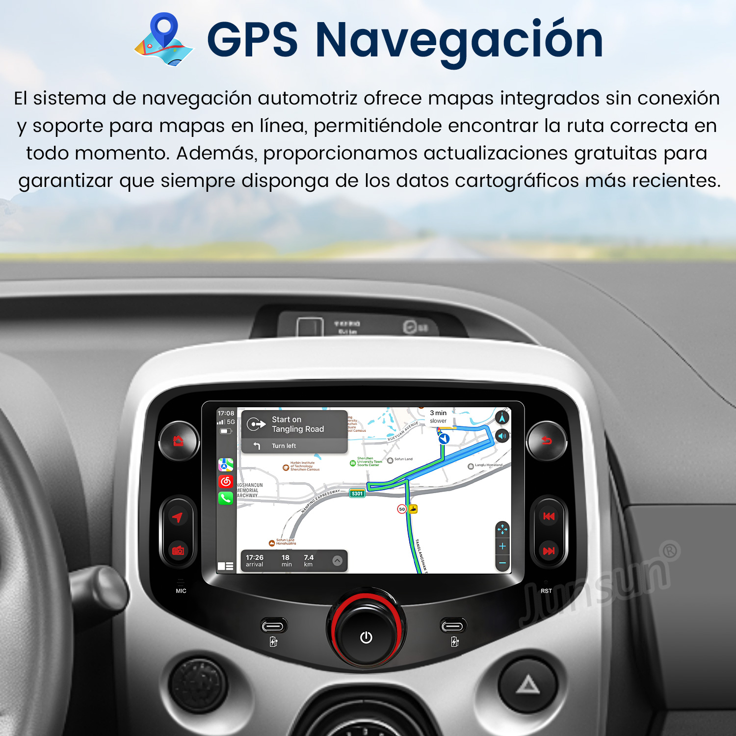 Panel del coche con sistema de navegación mostrando un mapa y guía de ruta, con superposición de texto.