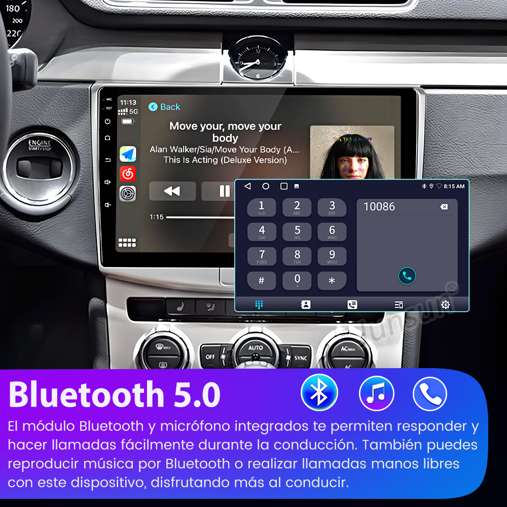 Pantalla de infoentretenimiento del coche mostrando música y teclado telefónico. Texto e iconos de Bluetooth 5.0 abajo.