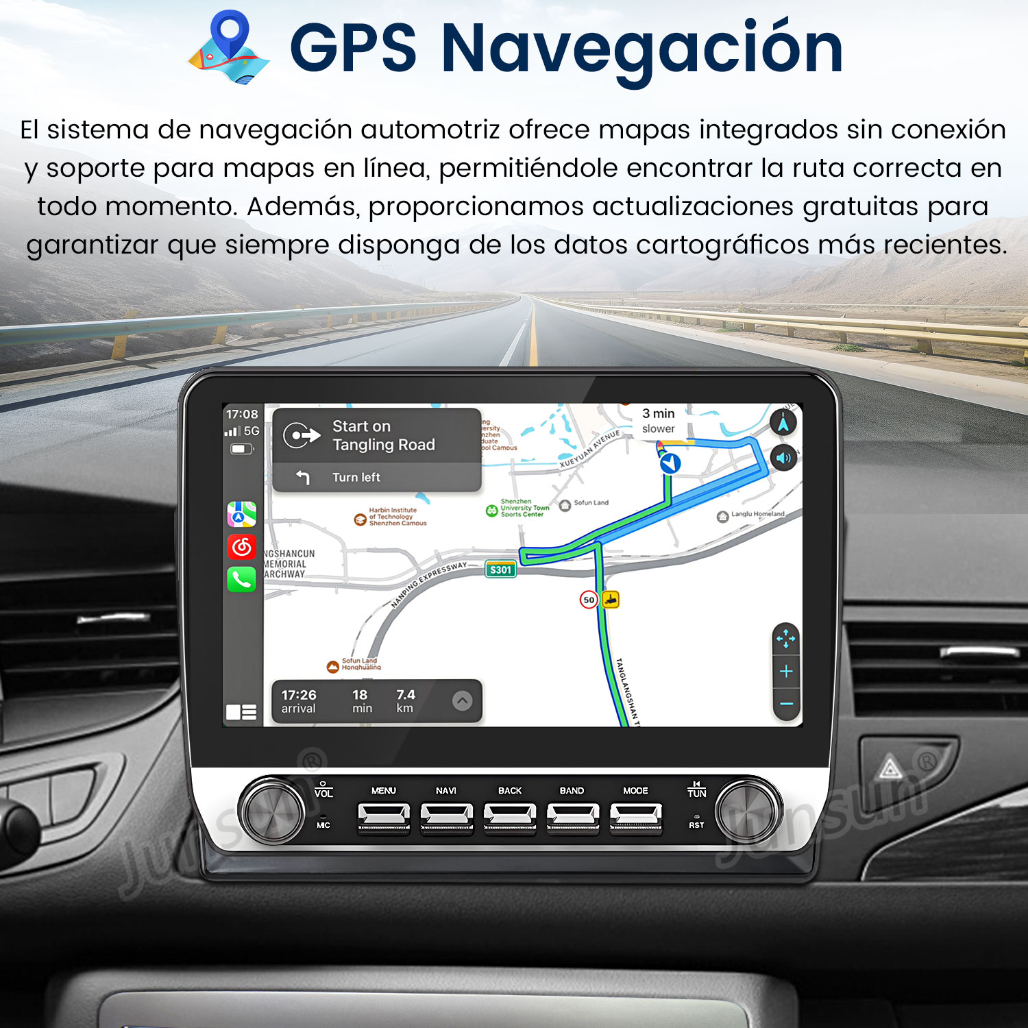 Pantalla de navegación del coche que muestra un mapa con indicaciones de ruta. El salpicadero del coche es visible.