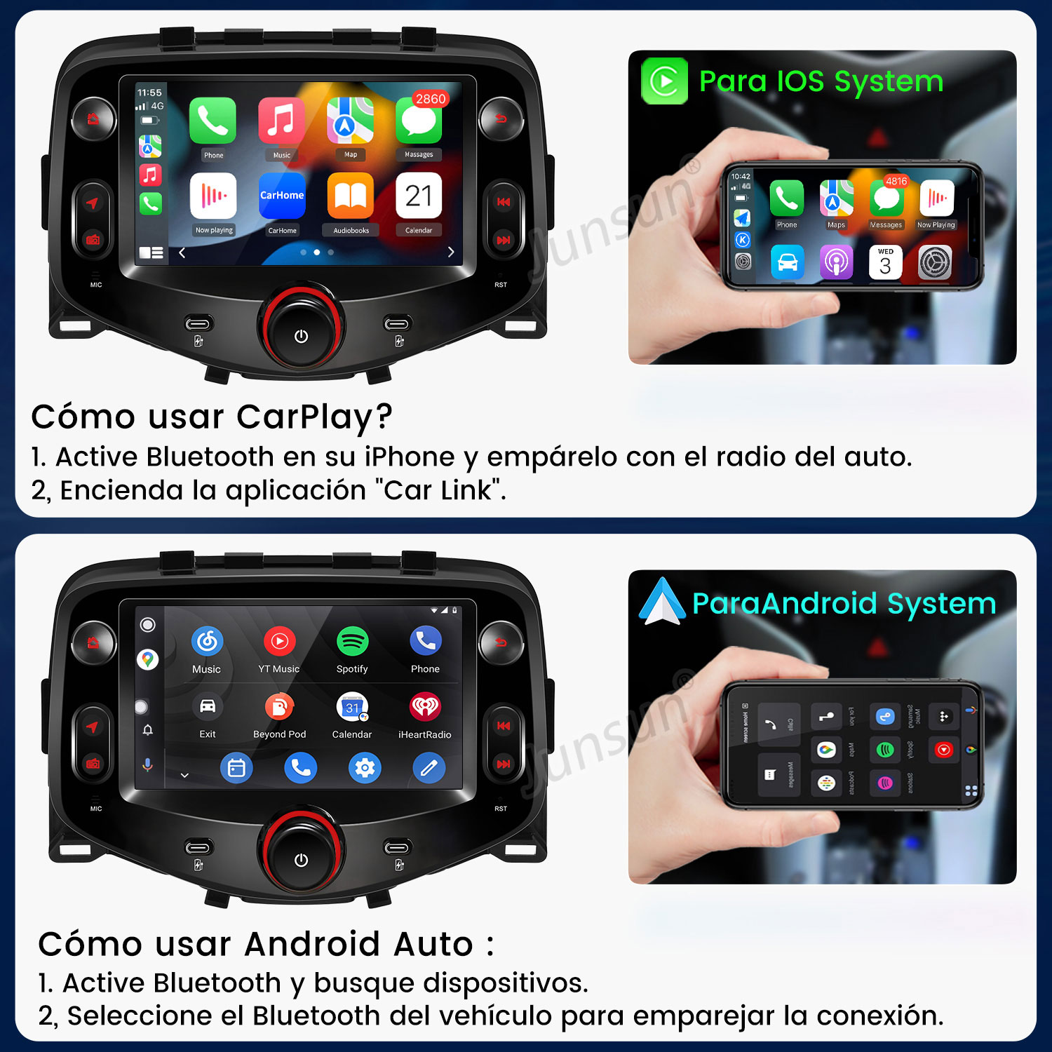 Pantalla de radio de coche mostrando opciones de CarPlay y Android Auto. Se muestran instrucciones sobre cómo usar cada sistema.