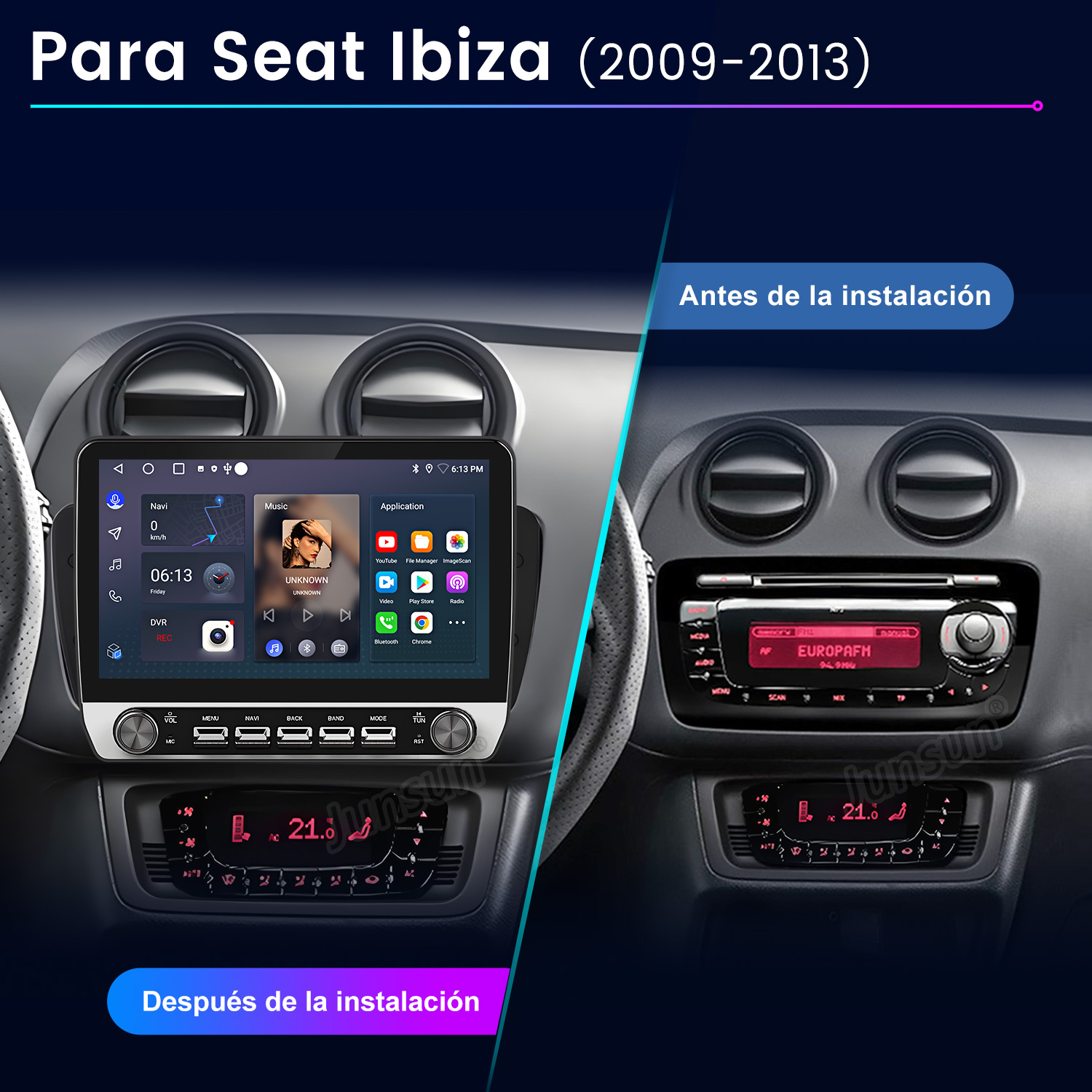 La imagen muestra el salpicadero de un coche antes y después de una actualización. El lado izquierdo muestra una nueva pantalla, el derecho la radio original.