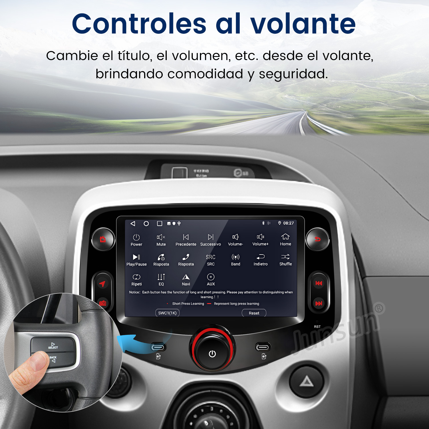 Sistema multimedia del coche con controles en el volante. La pantalla muestra botones para funciones como volumen, reproducción y navegación.