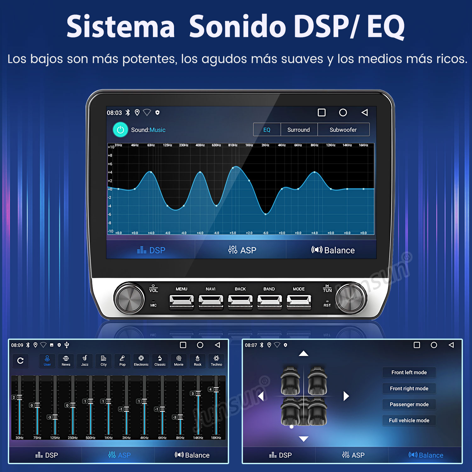 Interfaz del sistema de audio del coche con ajustes de ecualizador. Muestra ajustes de frecuencia y controles de balance. Incluye DSP y ASP.