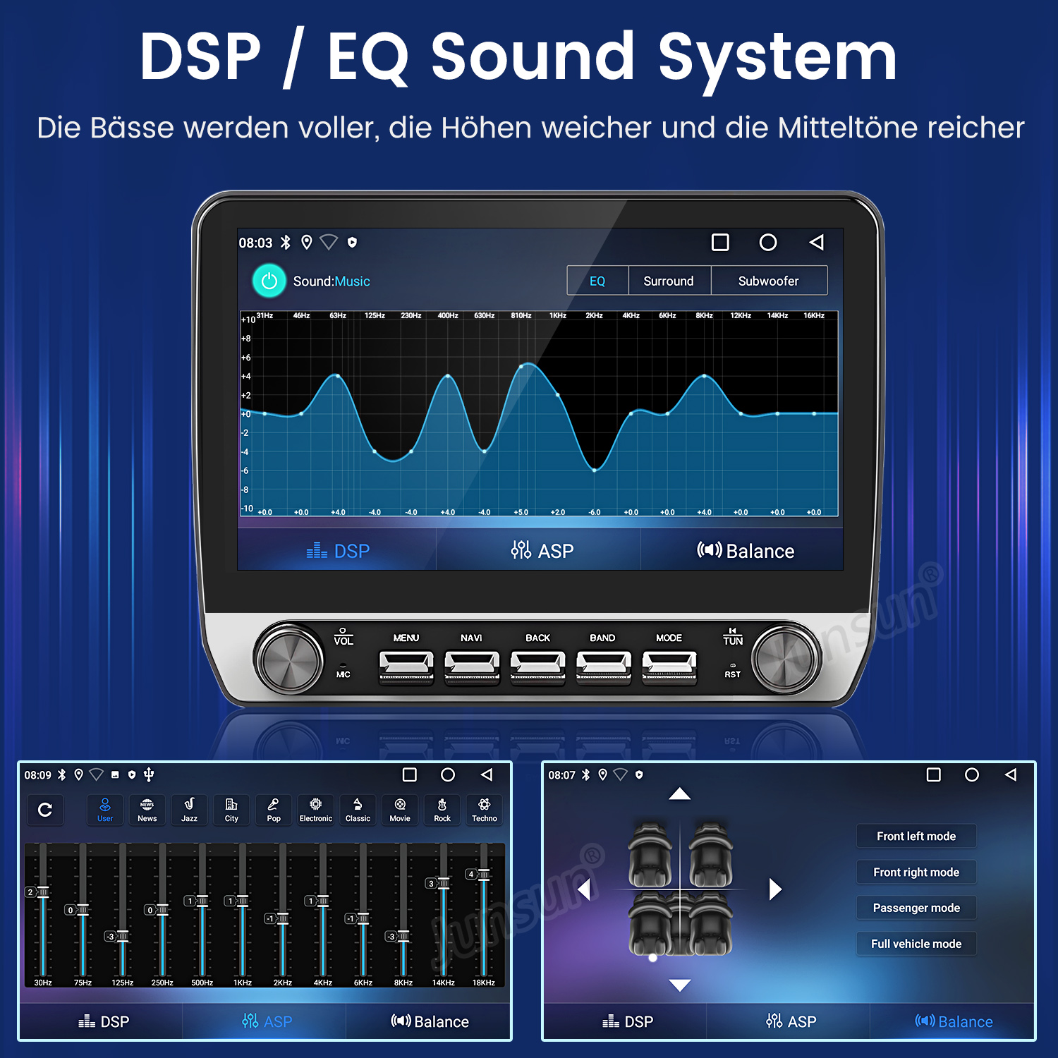 Auto-Audiosystem mit Equalizer und Klangeinstellungen auf einem Bildschirm. Funktionen umfassen EQ, Surround und Subwoofer.