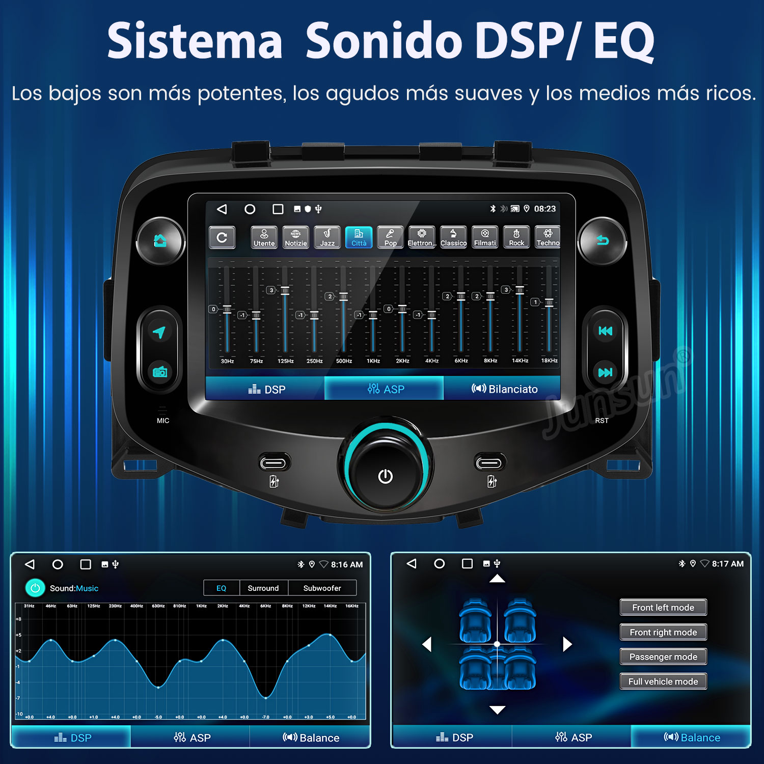 Pantalla del sistema de audio del coche. Muestra ajustes de ecualización con múltiples bandas de frecuencia y modos de sonido.