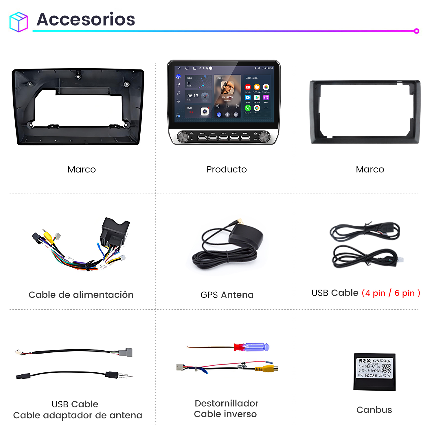 Se muestran varios accesorios para automóviles, incluidos cables, antena GPS, cables USB, un destornillador y un Canbus.