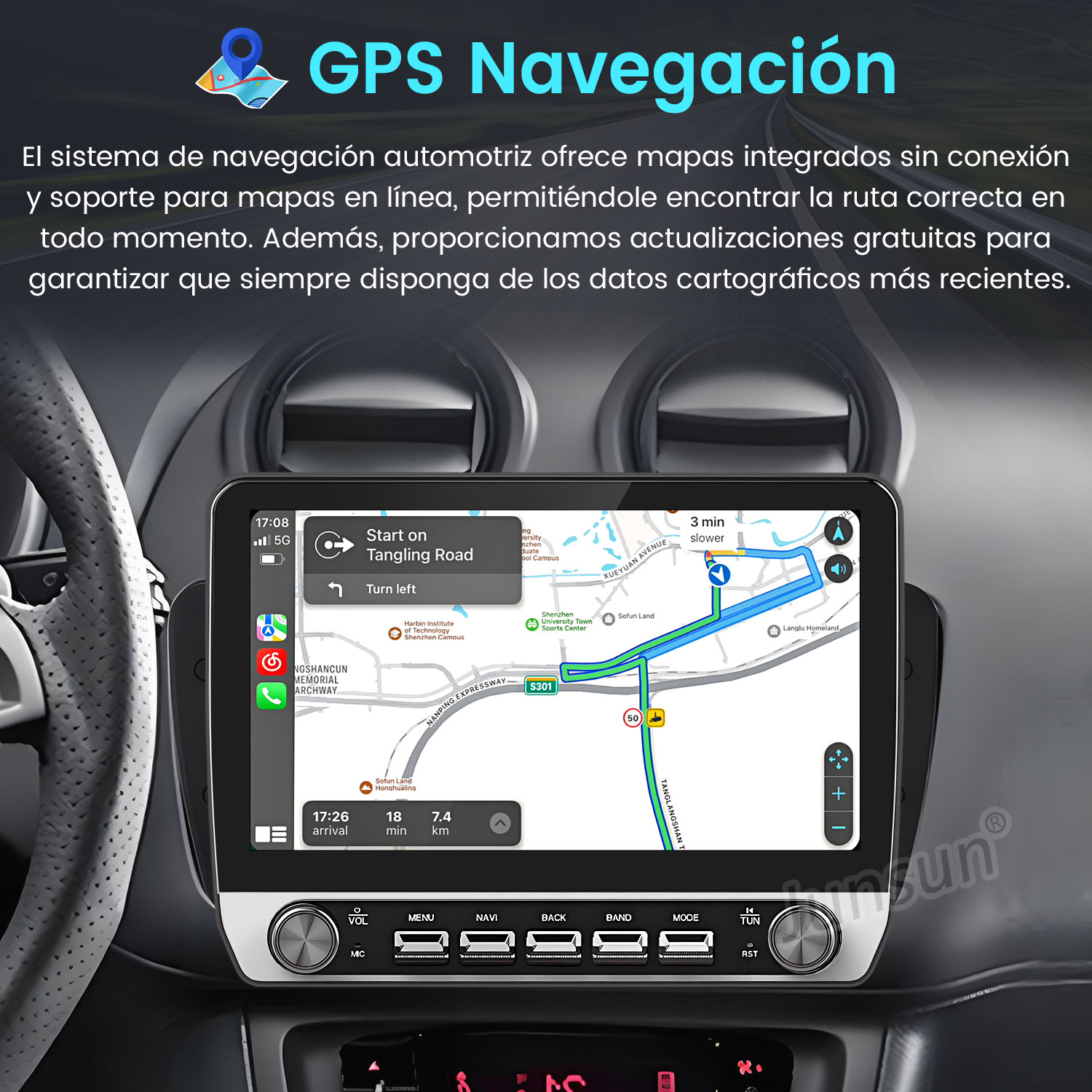 La pantalla de navegación GPS del coche muestra un mapa con indicaciones de ruta. Hay botones para volumen, menú y navegación.
