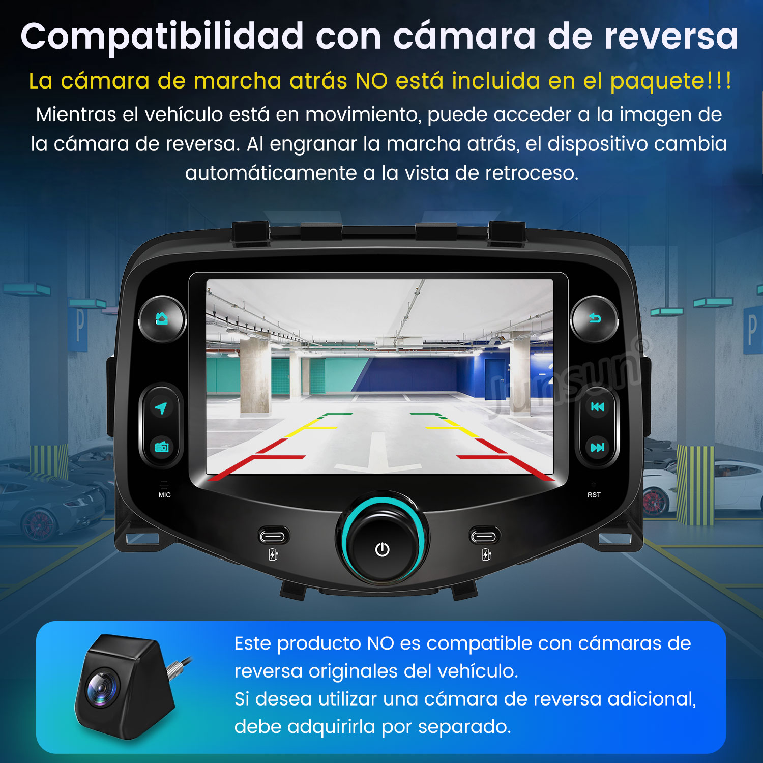 Pantalla de coche mostrando vista de aparcamiento. Cámara negra en primer plano. Texto en español indica información de compatibilidad de cámara.