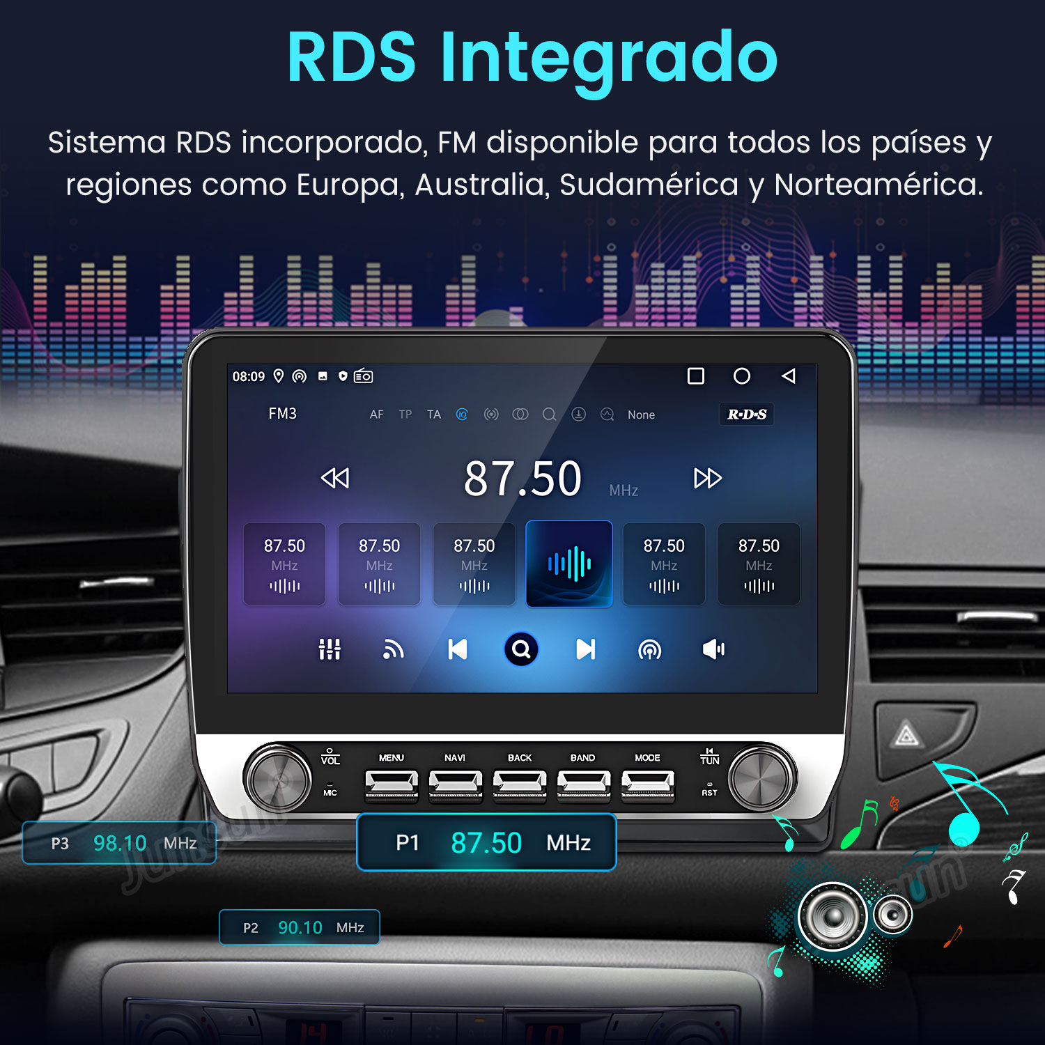 Pantalla de radio de coche que muestra la interfaz de radio FM. Muestra la frecuencia 87,50 MHz. Botones de menú, navegación y control de volumen son visibles.