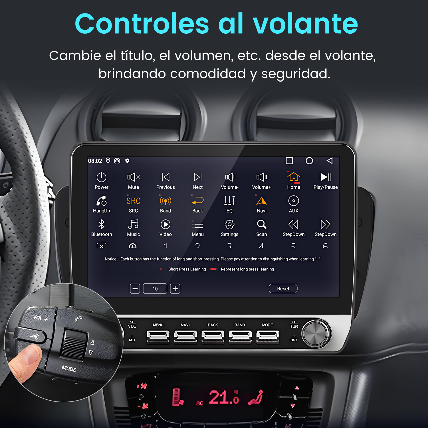 Panel de control del coche con pantalla táctil, botones y controles del volante. Una mano pulsa un botón en el volante.