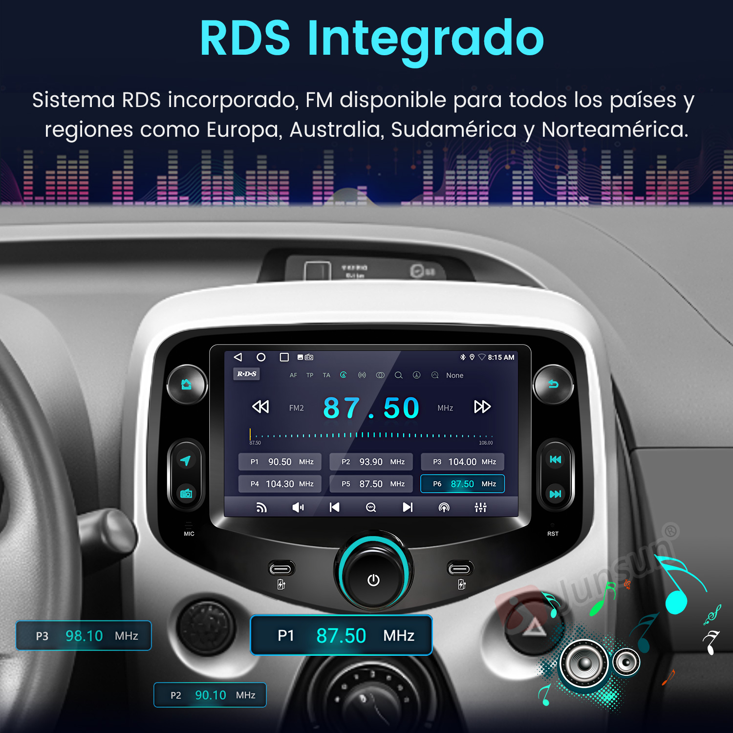 Pantalla de radio de coche que muestra información de radio FM y botones. La pantalla muestra la frecuencia 87,50 MHz. El salpicadero es visible.