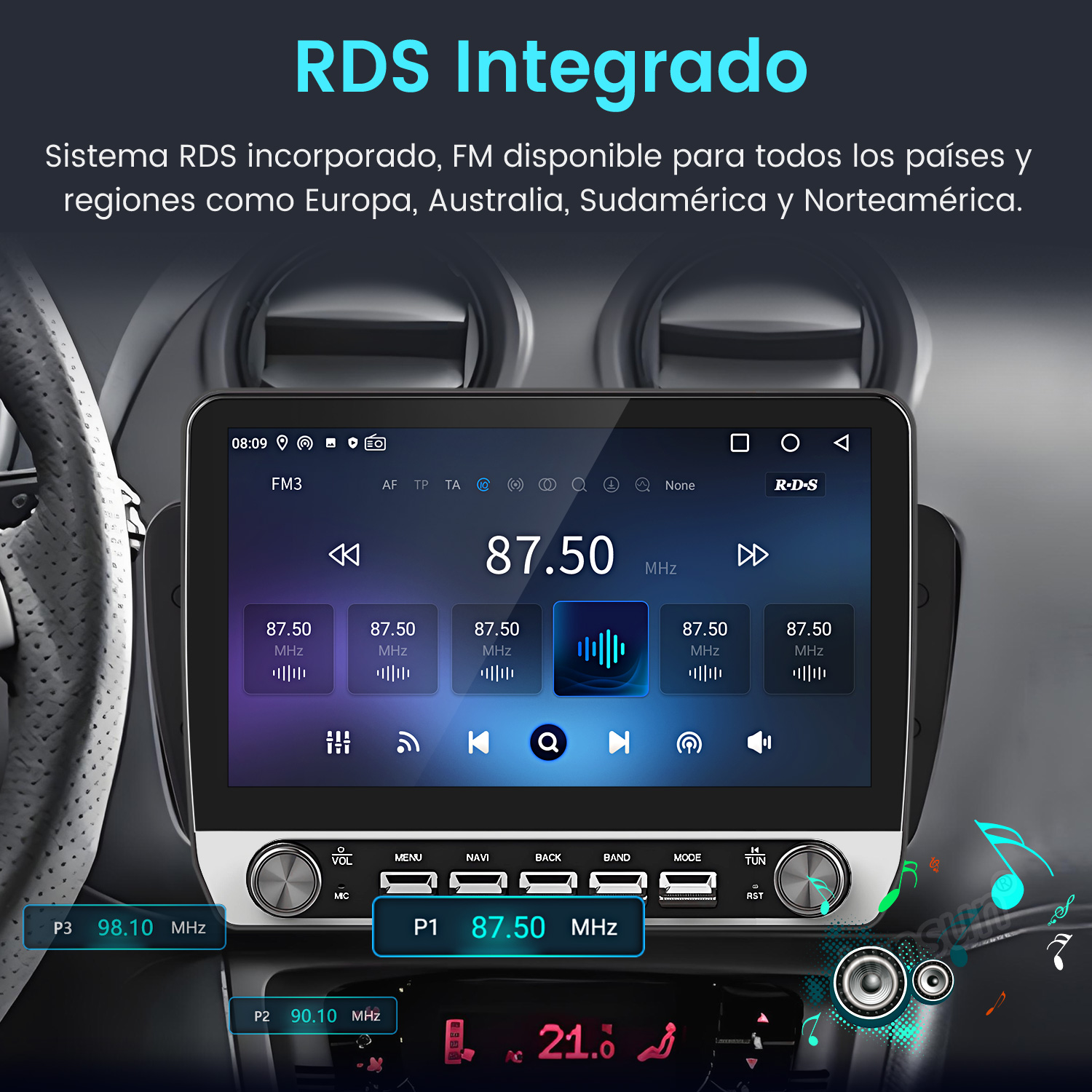 Pantalla de radio de coche mostrando 87.50 MHz. Se ven botones de volumen, menú, navegación y más. El fondo muestra el interior de un coche.