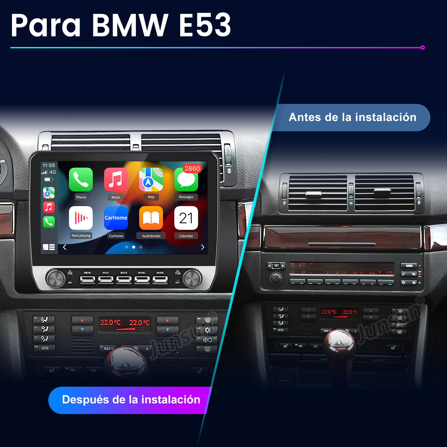 Panel del coche mostrando antes y después de instalar una nueva pantalla. La nueva pantalla muestra aplicaciones. La antigua muestra controles de radio.