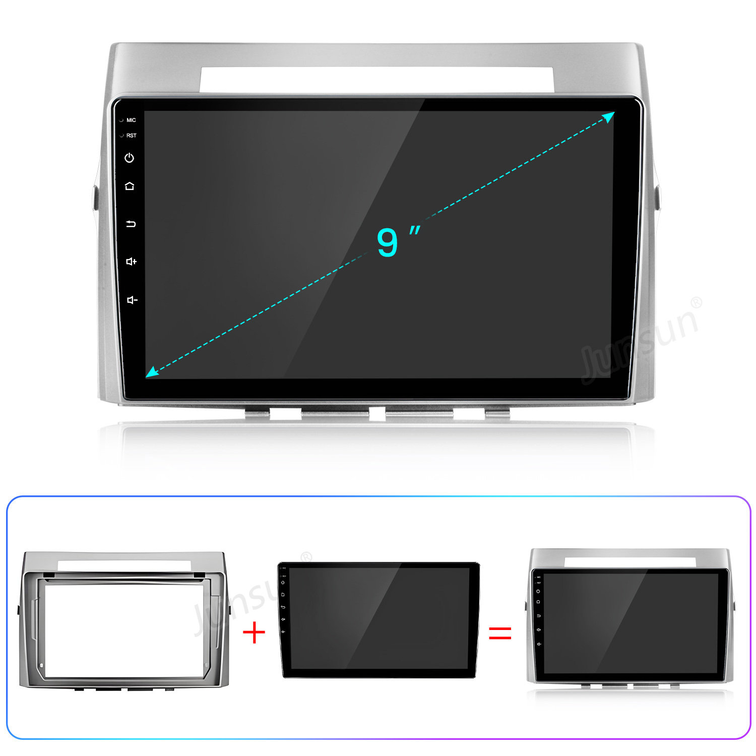Sistema de audio para coche con pantalla de 9 pulgadas, más un marco y un resultado de combinación. La pantalla es negra, el marco es plateado.