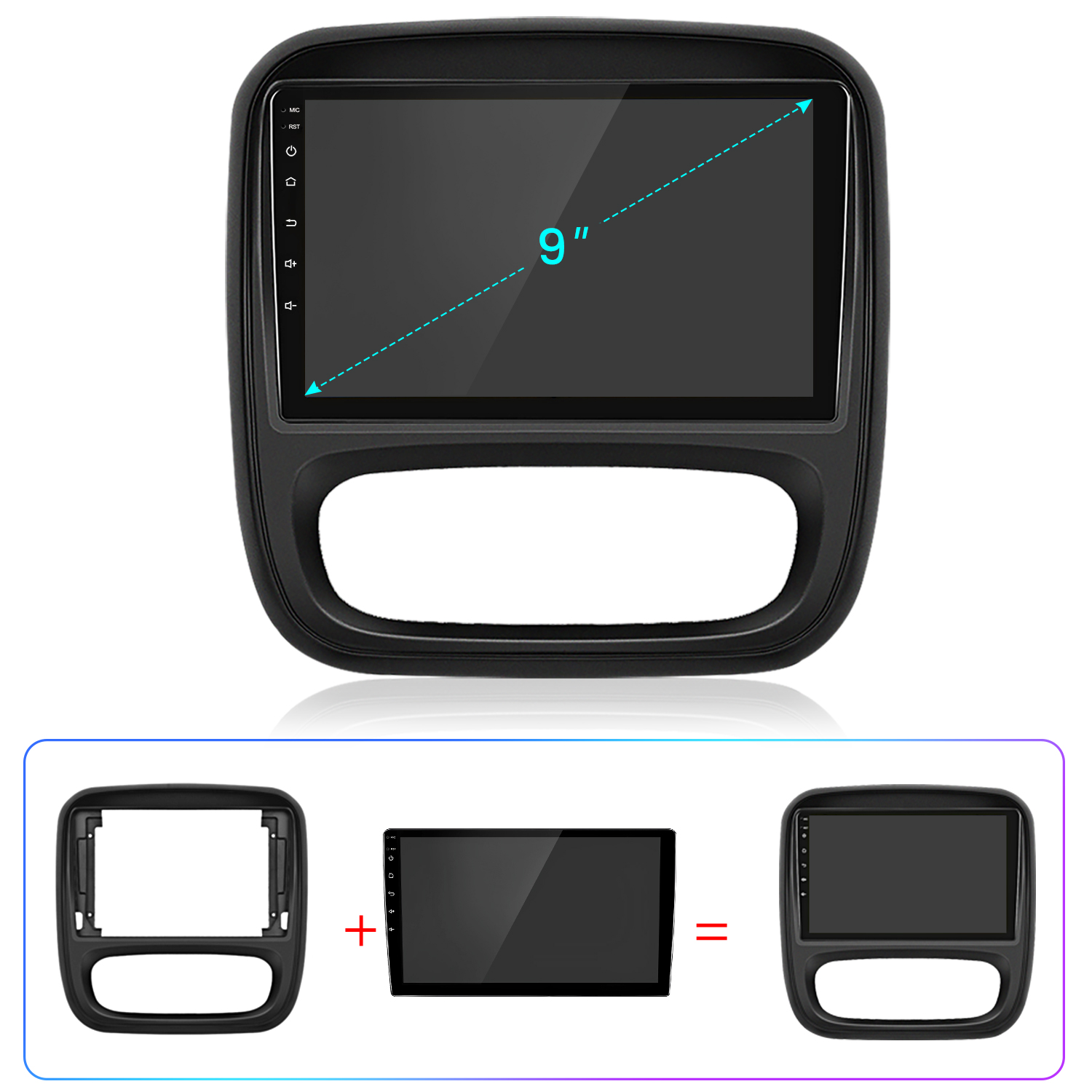 Un estéreo de coche negro con una pantalla de 9 pulgadas. Abajo, muestra cómo se ensambla a partir de piezas.