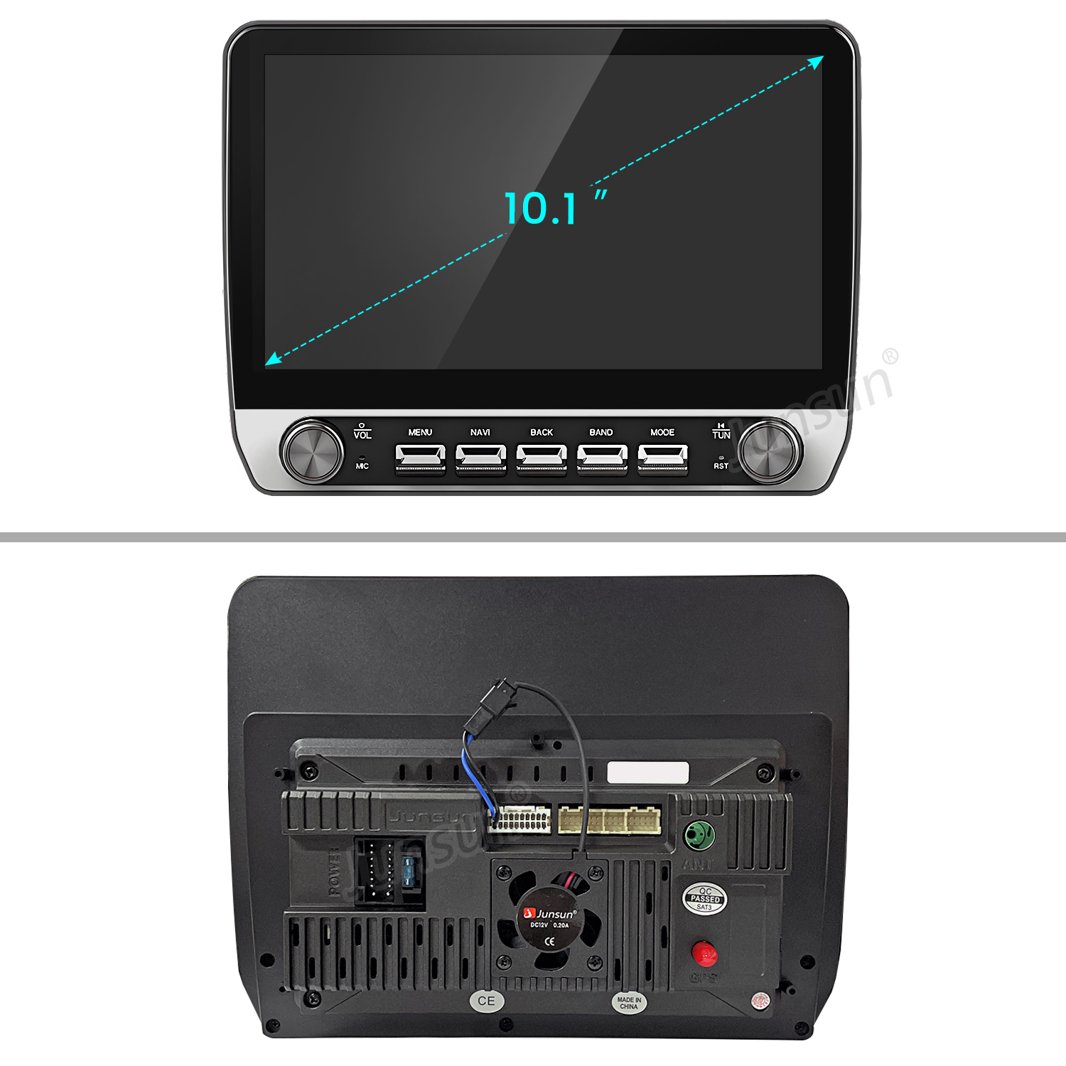 Radio de coche con pantalla de 10,1 pulgadas, mostrando vistas frontal y trasera. Frente con botones, atrás con puertos y ventilador.