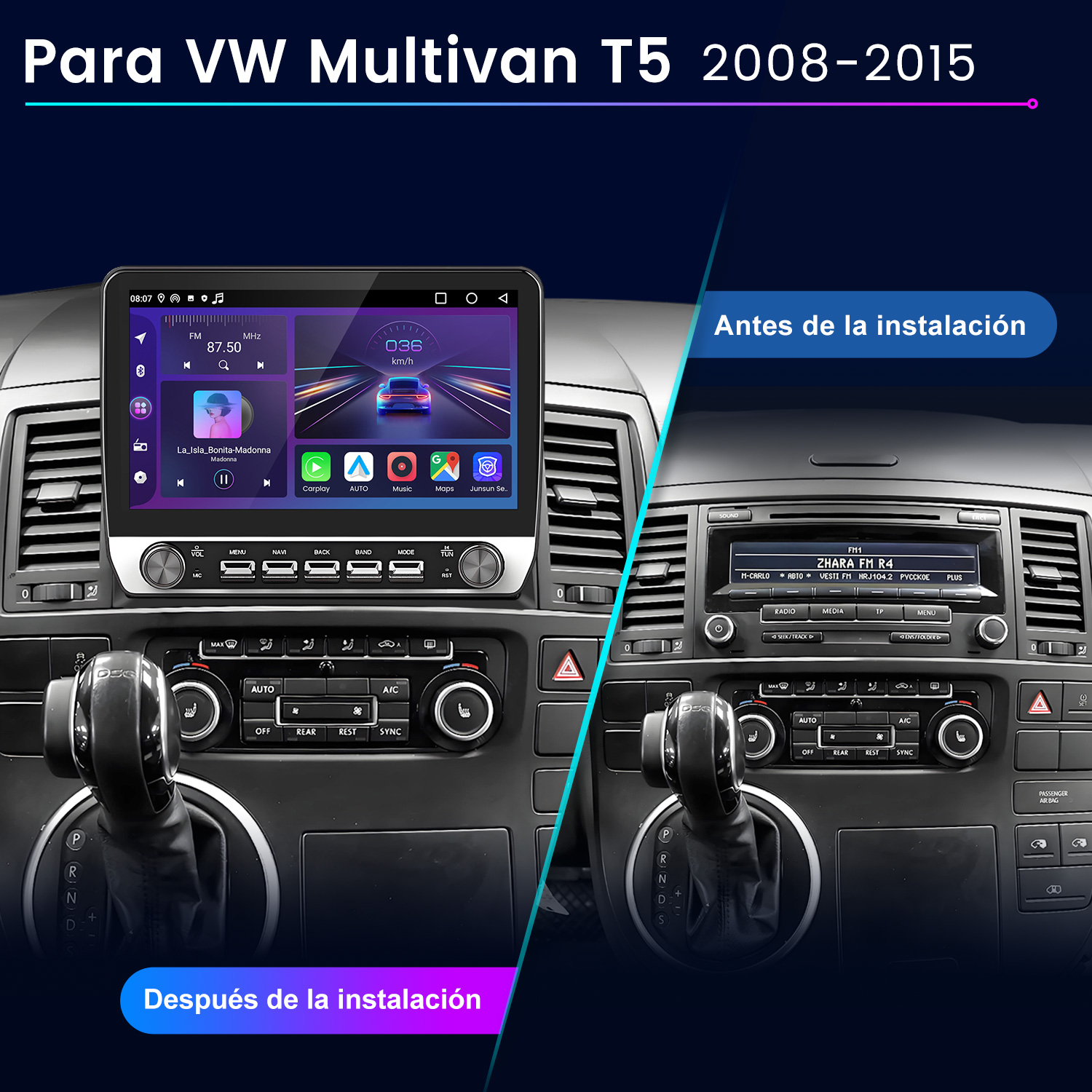 Panel del coche antes y después de la instalación. La izquierda muestra una pantalla moderna, la derecha una radio básica.