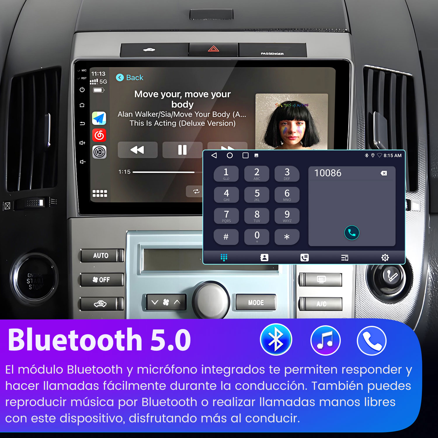Panel del coche con pantalla con música, teclado y texto Bluetooth 5.0 en la parte inferior.