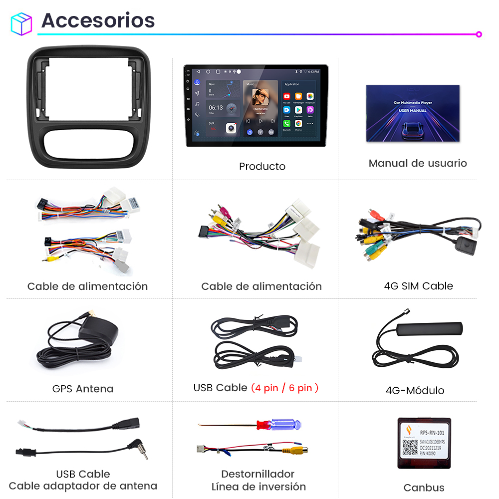 La imagen muestra accesorios para automóviles: un marco, una pantalla, un manual, cables, antenas, un destornillador y un módulo Canbus.