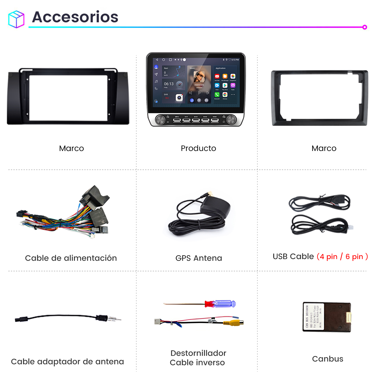 Imagen muestra accesorios para coche: marcos, pantalla de producto, cables, antena GPS, cable USB, destornillador y Canbus.