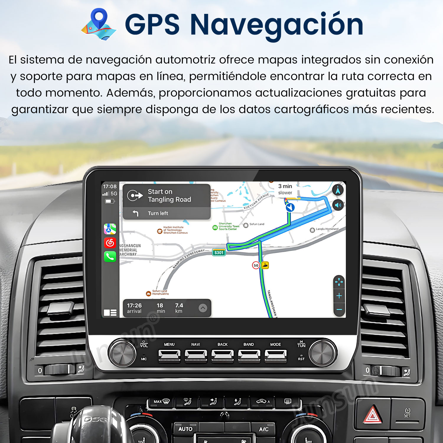 Panel del coche con pantalla de navegación GPS que muestra un mapa de ruta. El texto superior dice Navegación GPS.