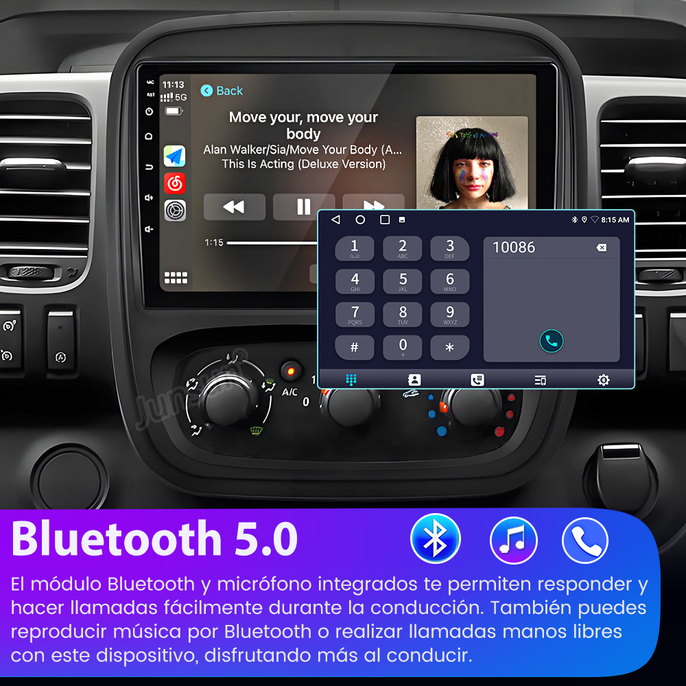 Panel del coche con pantalla que reproduce música y teclado numérico para llamadas.