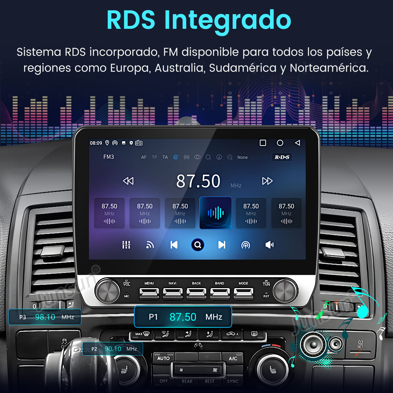 La pantalla de la radio del coche muestra 87,50 MHz. Se ven botones de volumen, menú, navegación y controles de radio. El texto dice RDS Integrado.