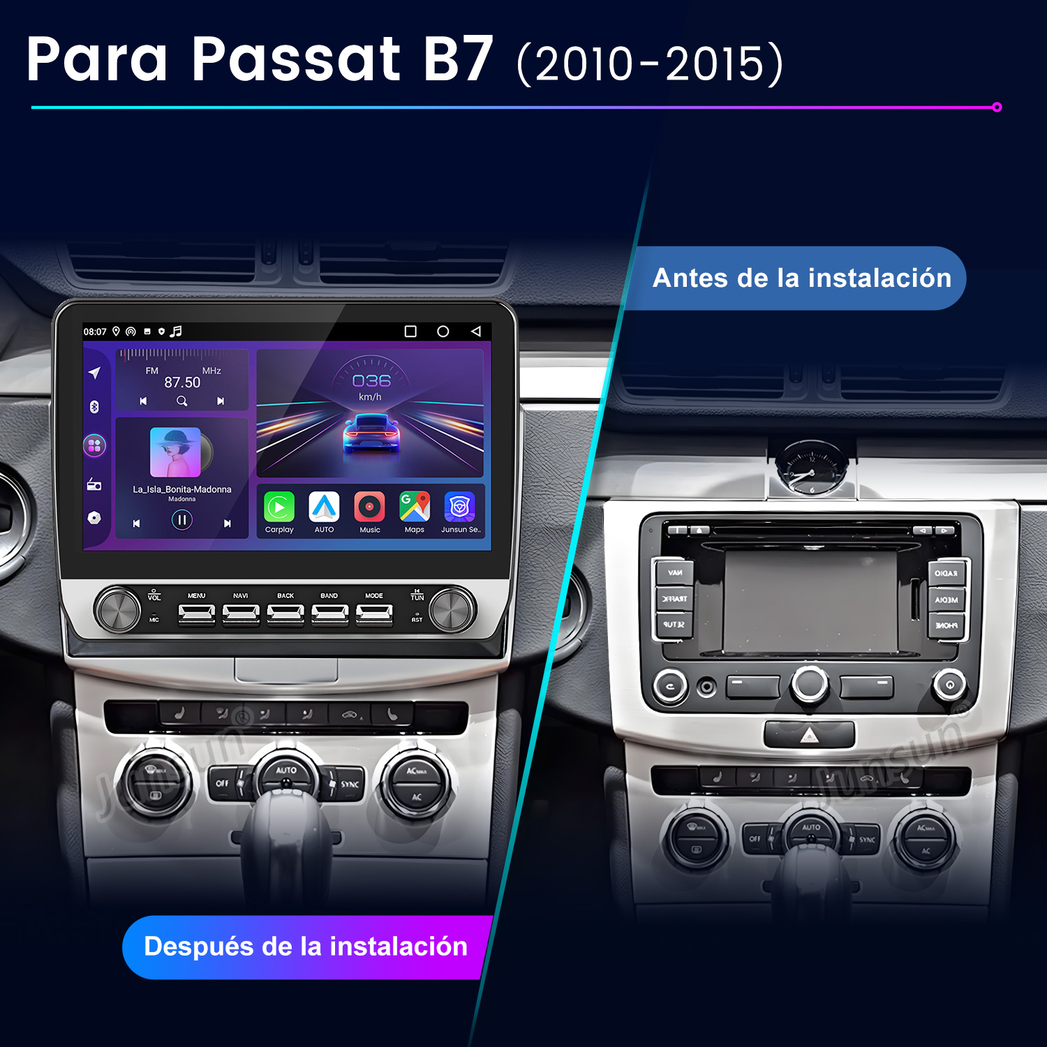 Comparación del salpicadero: Antes y después de la instalación de un nuevo sistema multimedia, mostrando navegación y controles del coche.