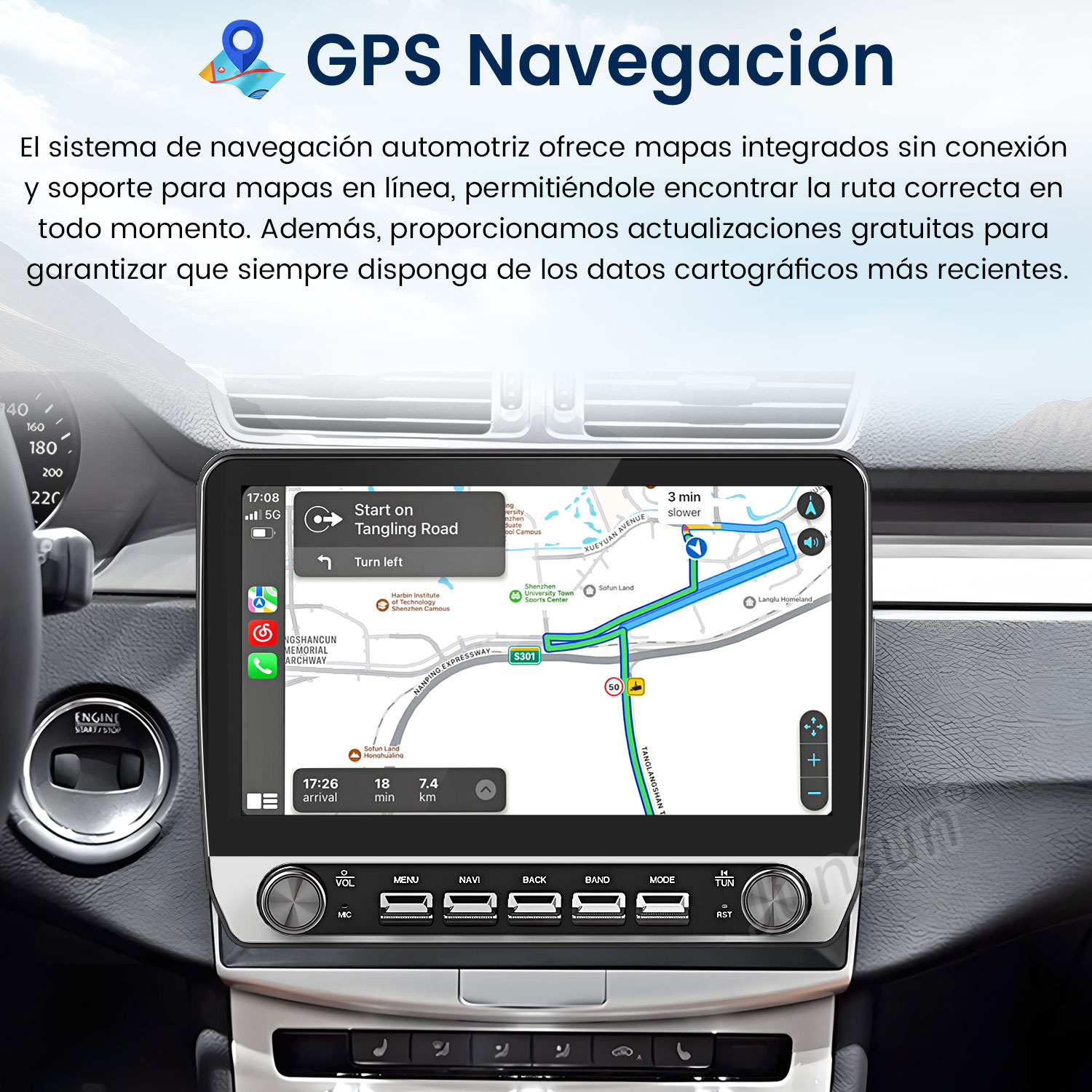 Pantalla de navegación del coche que muestra un mapa con detalles de la ruta y varios controles.