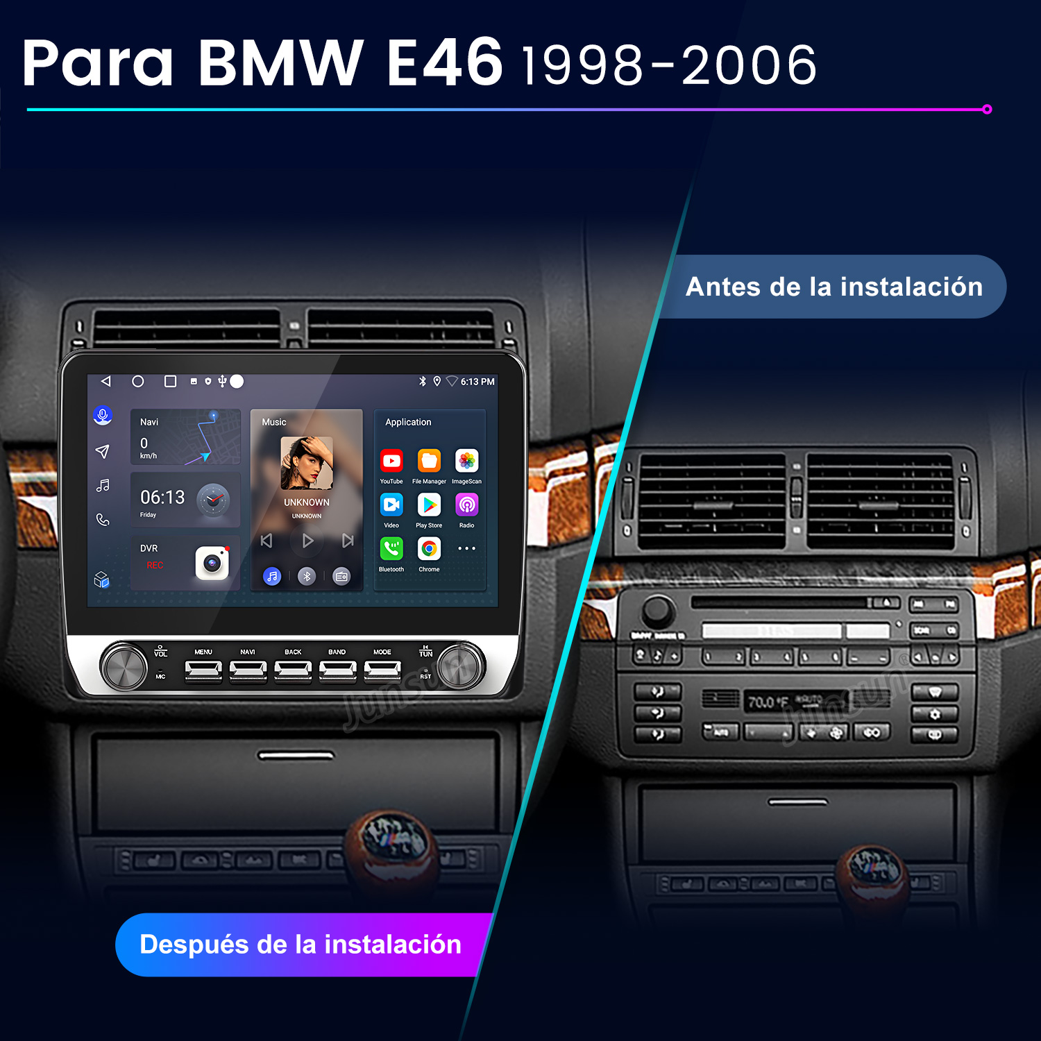 La imagen muestra el salpicadero de un coche antes y después de instalar un nuevo sistema multimedia. El sistema antiguo está a la derecha, el nuevo a la izquierda.