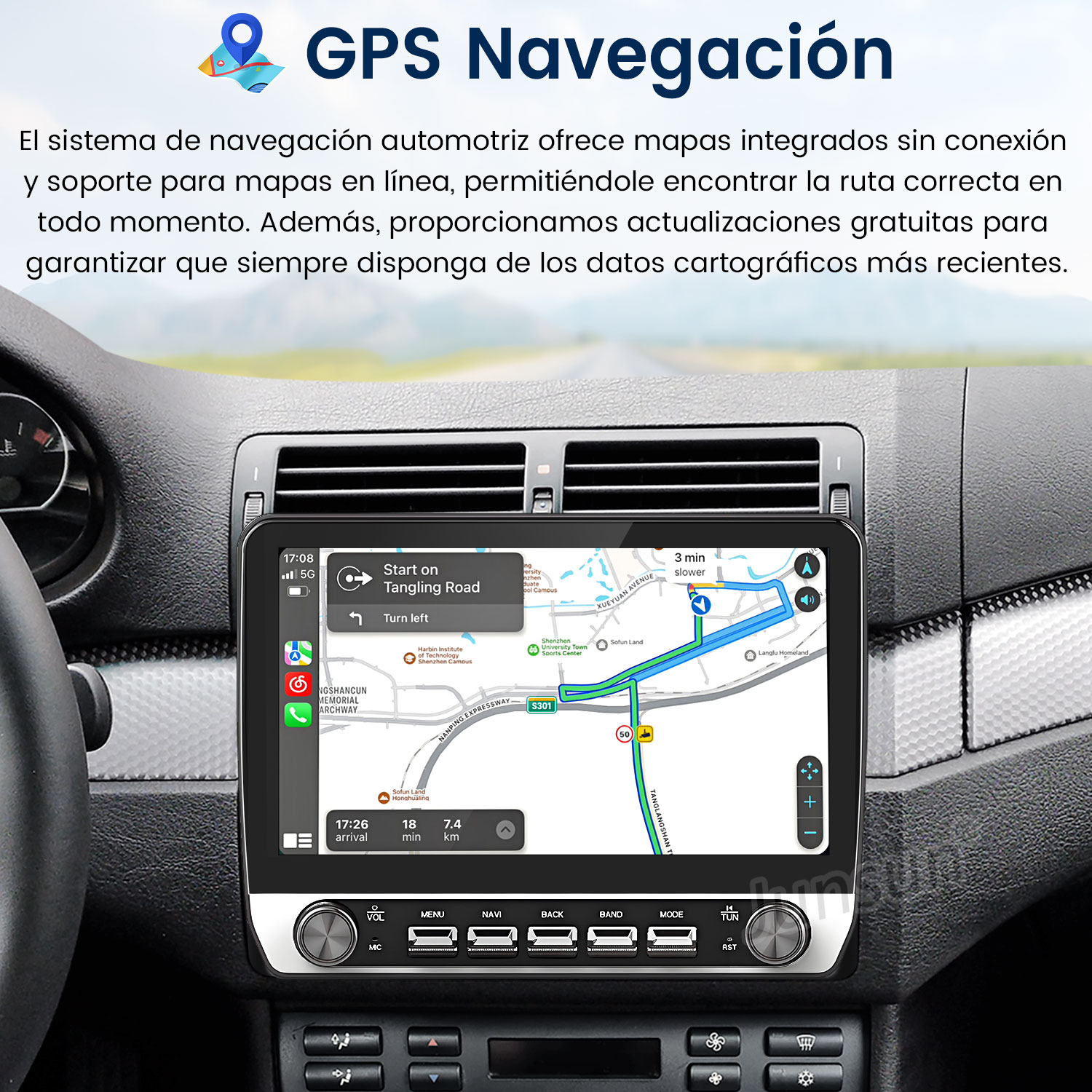 Panel de coche con navegación GPS que muestra un mapa y guía de ruta, y texto en español.