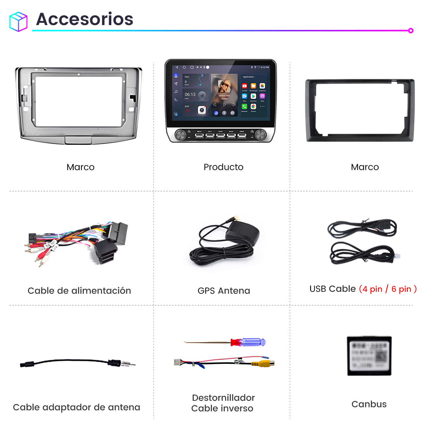 La imagen muestra accesorios para automóviles: una radio, marcos, cables, antena GPS, cable USB, destornillador y un dispositivo Canbus. Los artículos están etiquetados en español.