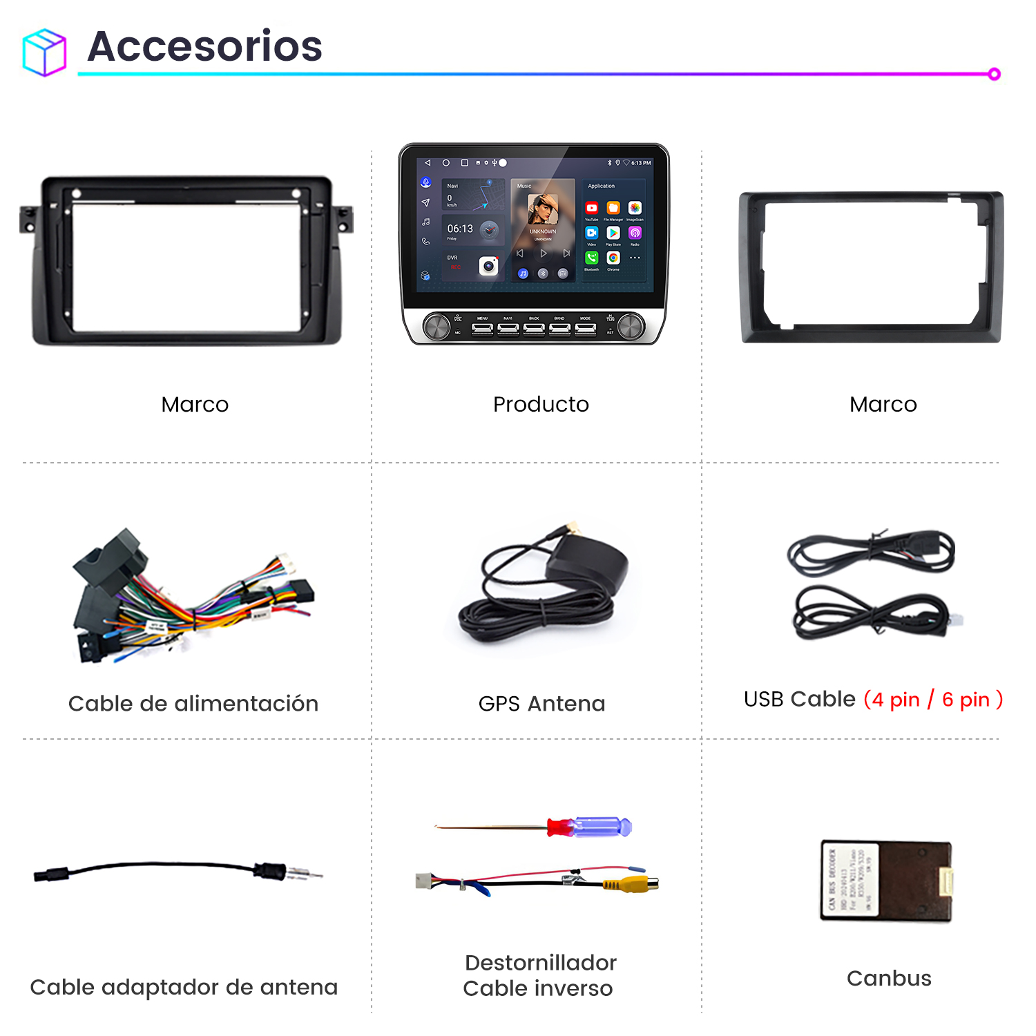 Imagen muestra accesorios para coche: marcos, pantalla del producto, cables, antena, destornillador y decodificador canbus.