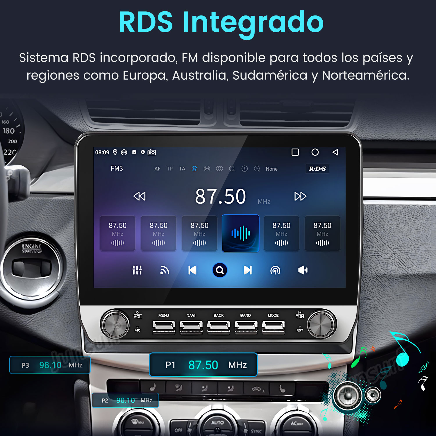 Sistema de radio para automóvil que muestra información de radio. La pantalla muestra la frecuencia 87.50 MHz. Botones para menú, volumen y otras funciones.