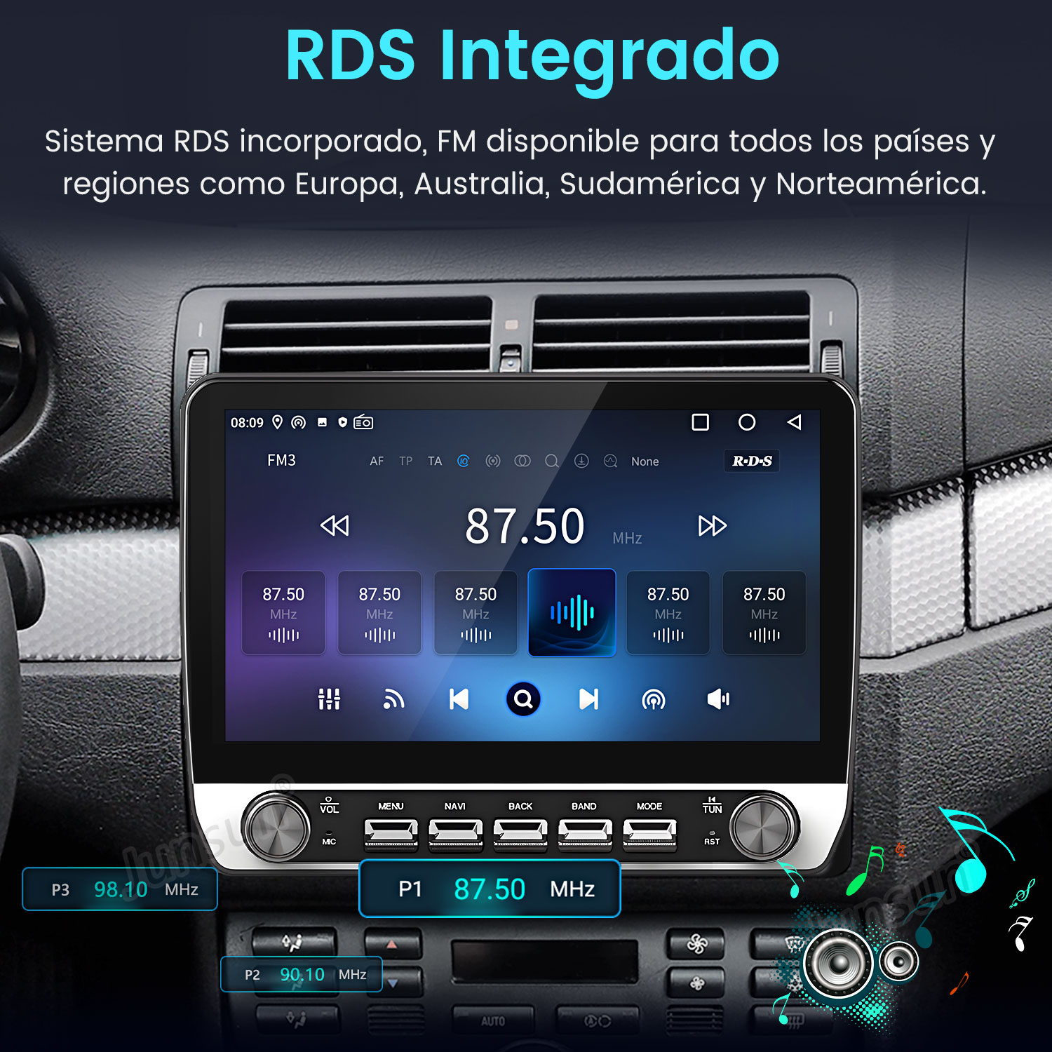 Pantalla de radio de coche mostrando radio FM a 87.50 MHz. El texto superior dice RDS Integrado. Los botones y controles son visibles debajo.