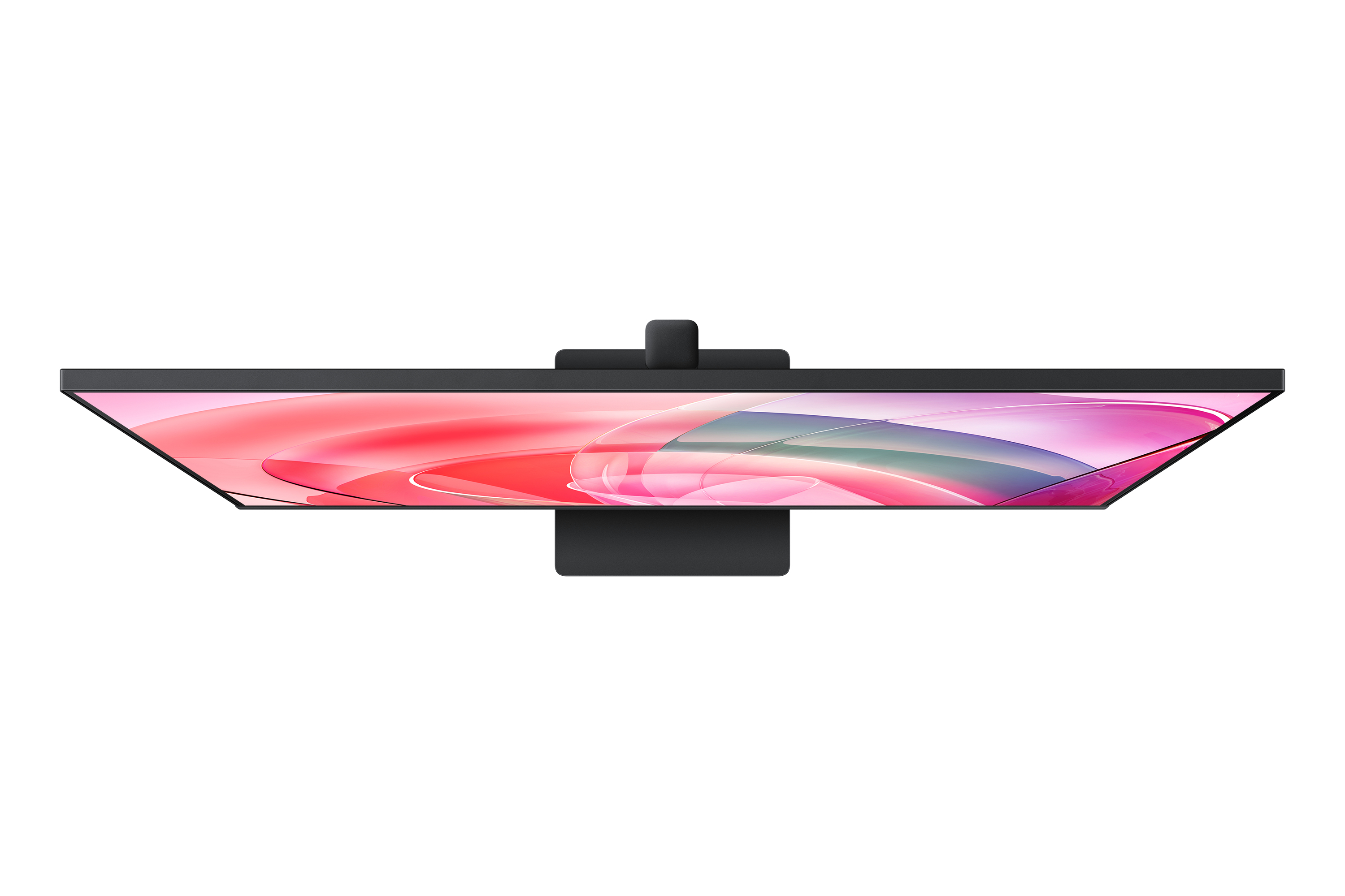 Widok z góry na czarny monitor komputera z abstrakcyjnym różowo-białym obrazem na ekranie na białym tle.