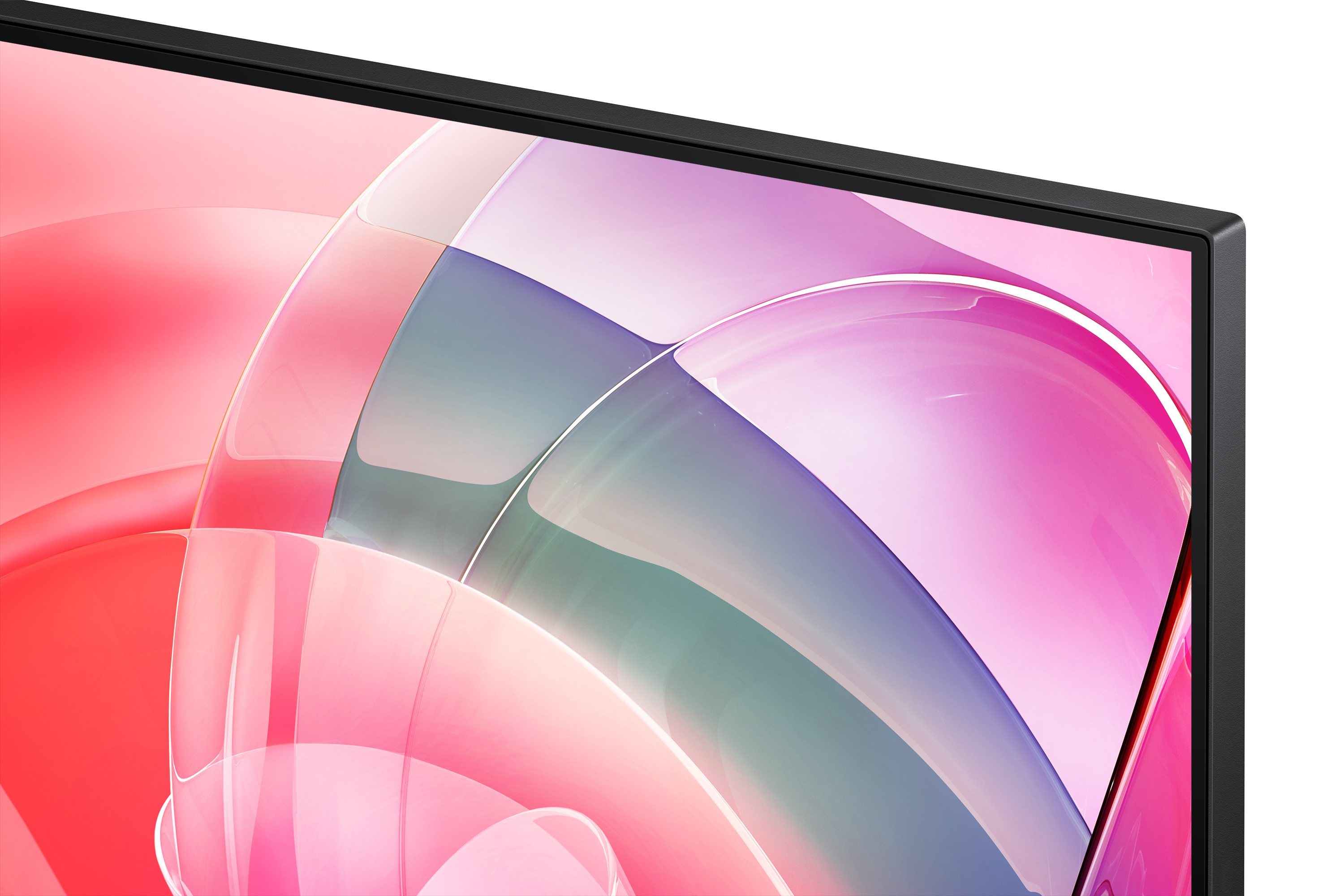 Zbliżenie ekranu telewizora z abstrakcyjnymi, kolorowymi kształtami w kolorze różowym, fioletowym i białym na czarnej ramie.