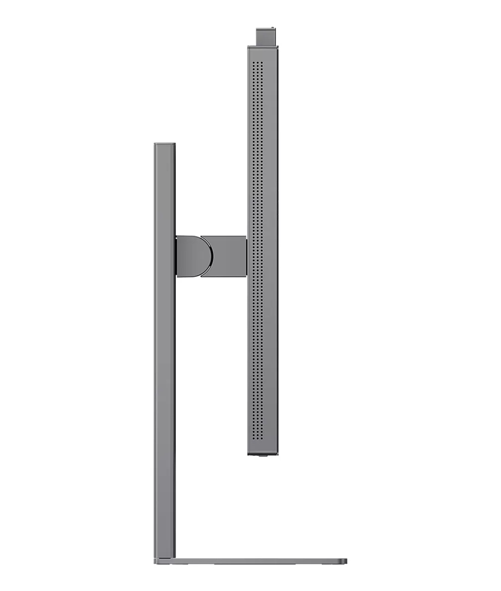 Widok z boku szarego monitora komputerowego. Ma prostokątny ekran z podstawą i ramieniem podtrzymującym.