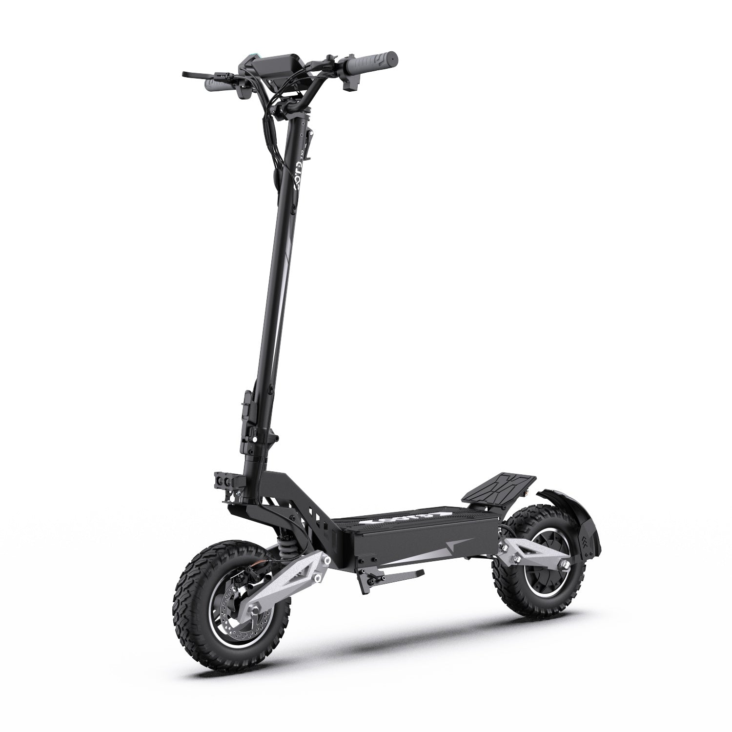 Scooter elettrico nero su sfondo bianco. Ha ruote grandi, un lungo stelo e una piattaforma per stare in piedi.